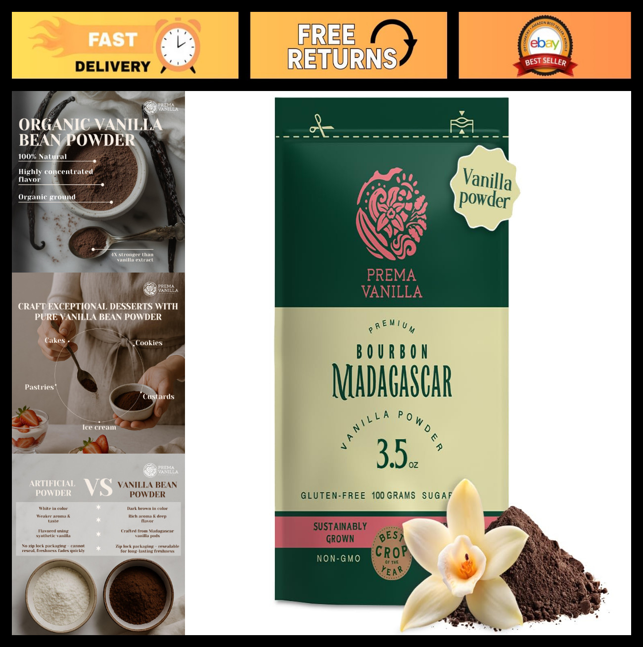 Pure Madagascar Vanilla Bean Powder – High Quality, Alcohol Free, 3.5 Oz for Bak