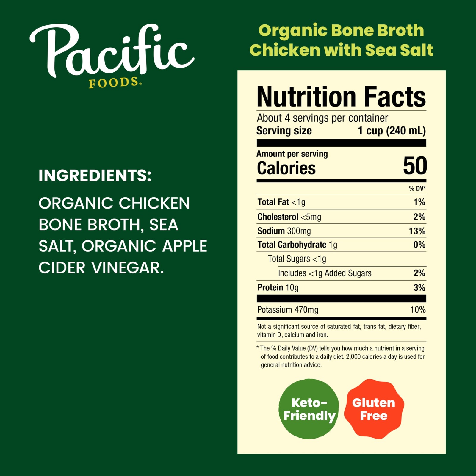 Pacific Foods Organic Chicken Bone Broth With Sea Salt, 32 oz Carton