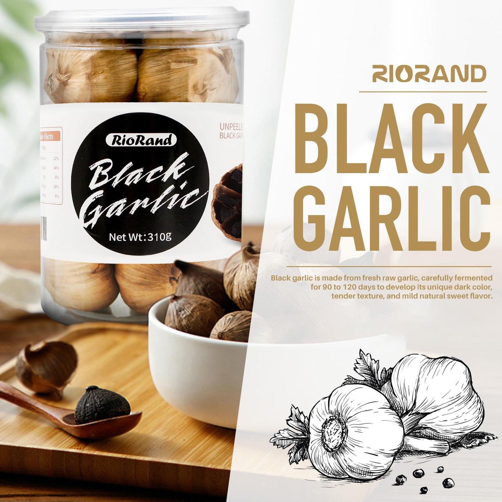 RioRand Black Garlic Whole & Peeled 90-Day Fermented Ready to Eat 320g&0.7 Lbs