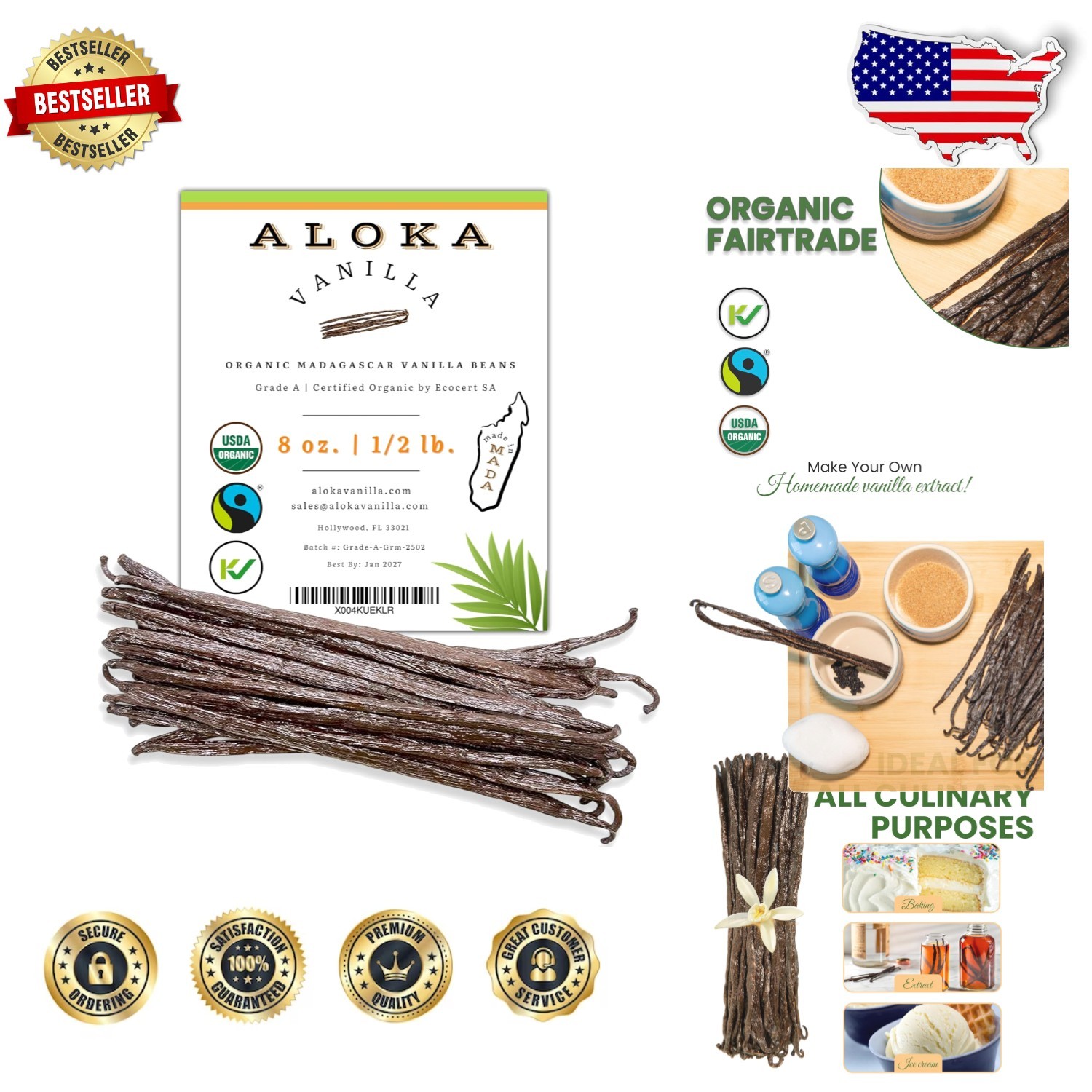 8oz Organic Vanilla Beans – Grade A Madagascar Bourbon Pods