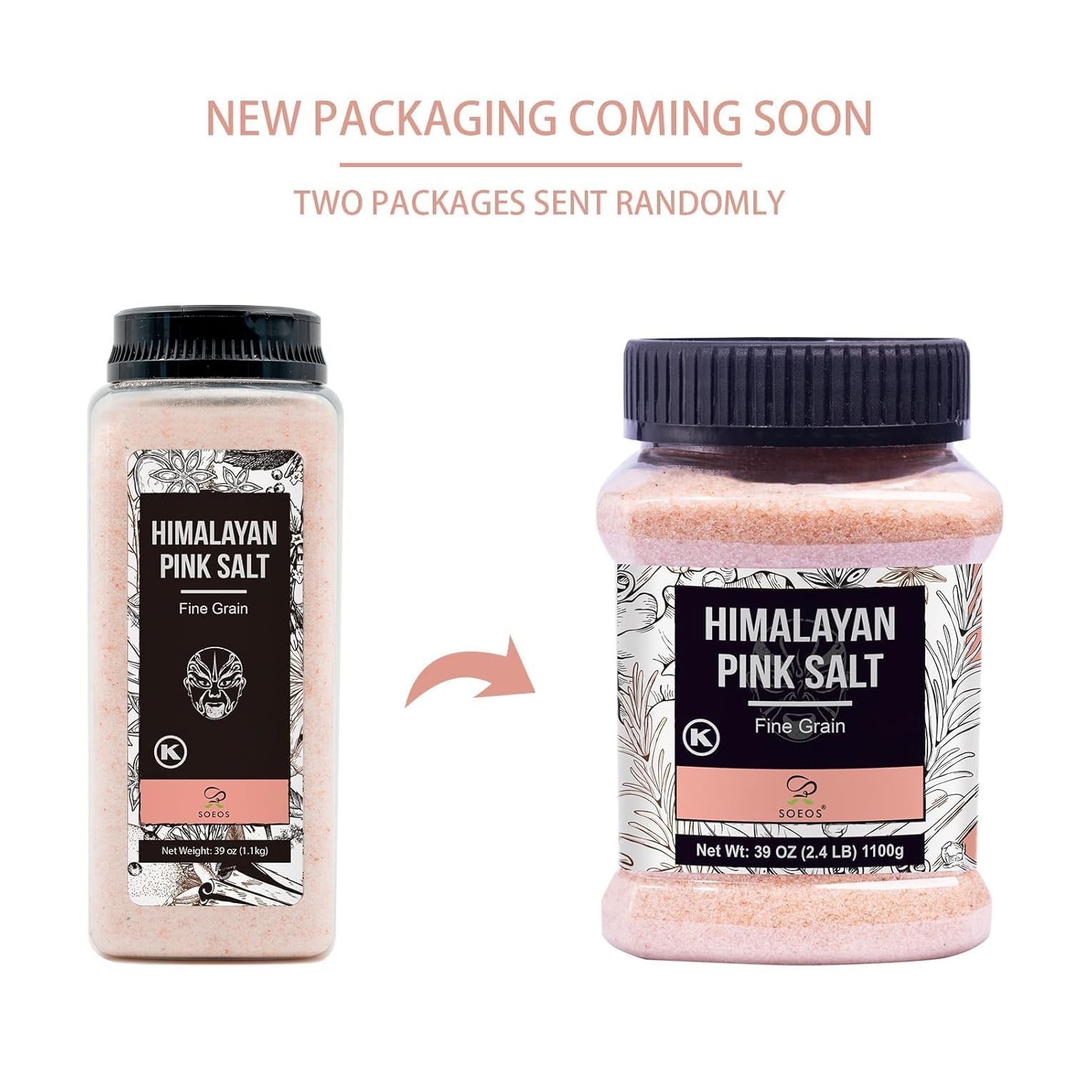 Soeos Himalayan Pink Salt, Fine Grain, 39oz (2.4 39 Ounce (Pack of 1), pink