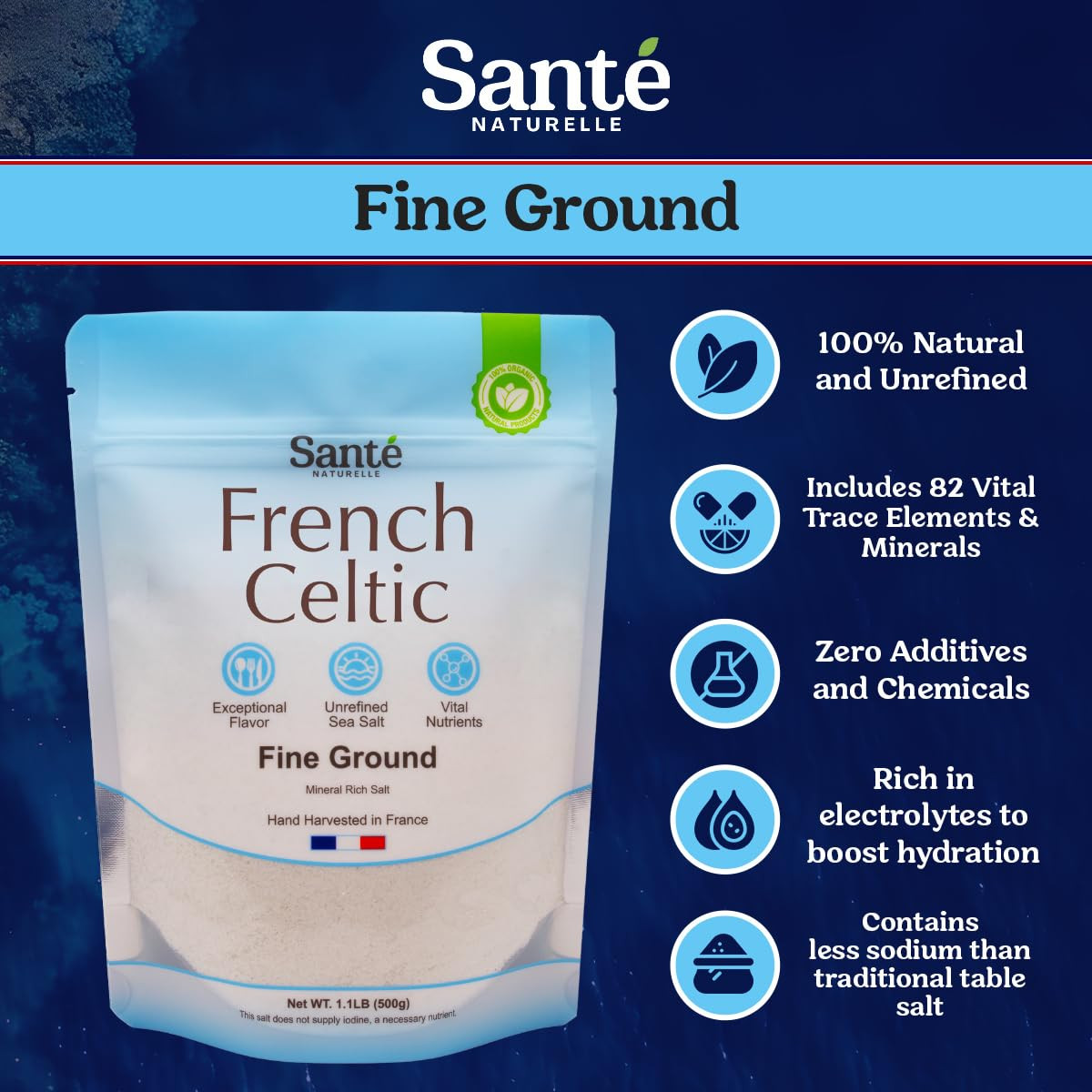 Sante French Sea Salt Fine Ground – 1.1lb (18oz) Unrefined Organic French Sea…