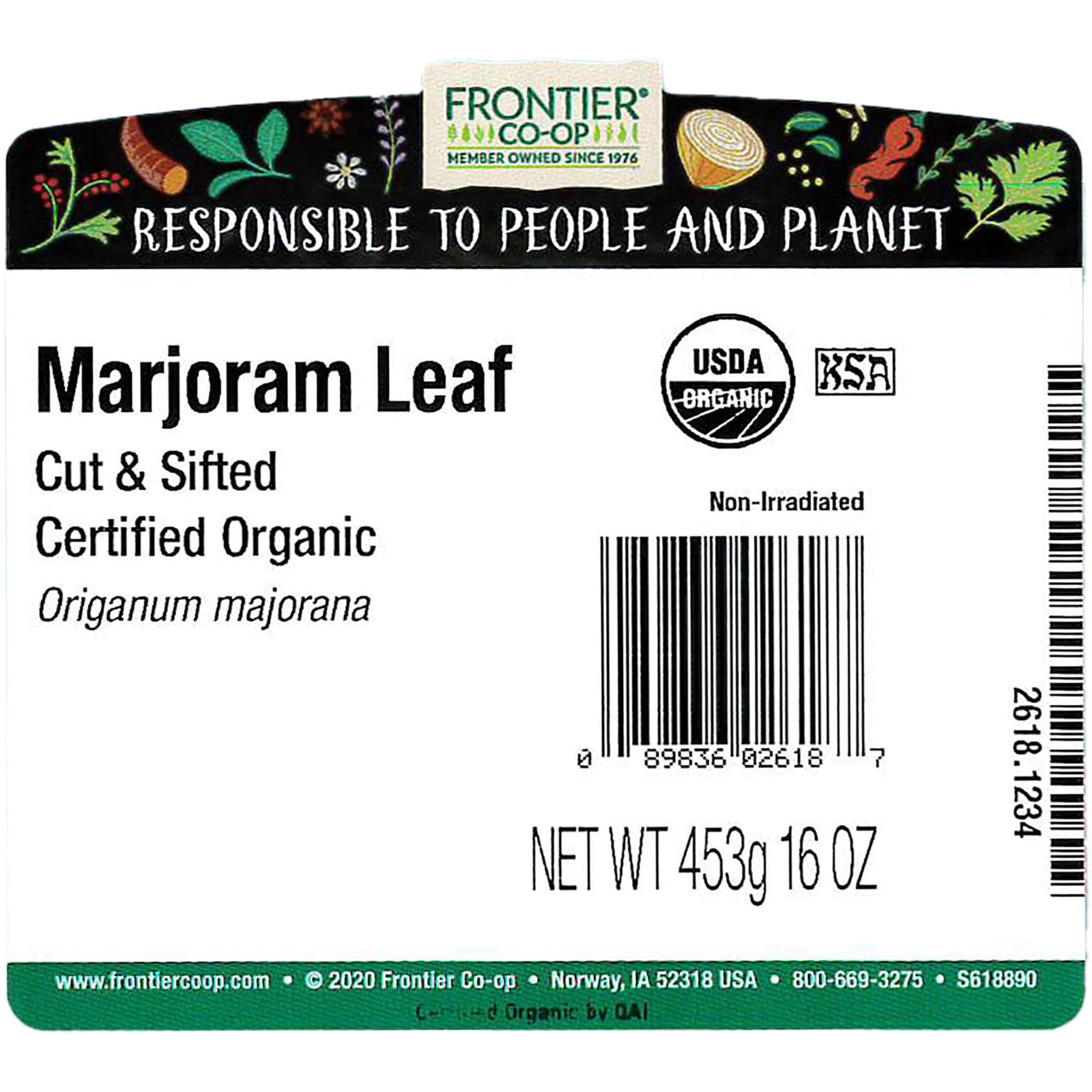 Frontier Natural Food Products 2618 Cut and Sifted Organic Marjoram Leaf, 16 Oz