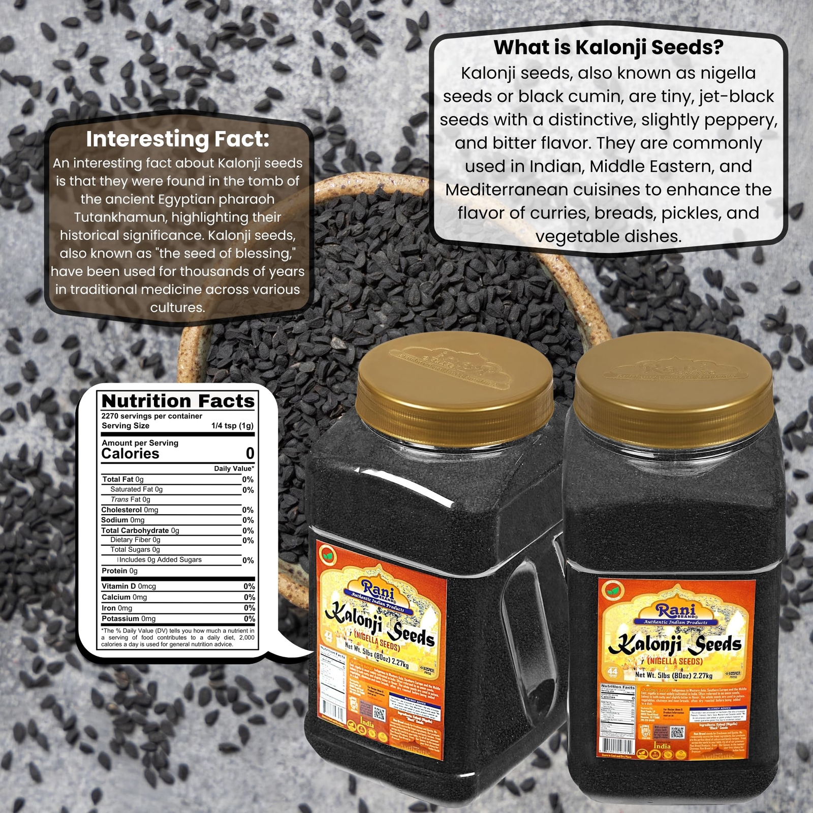 Rani Kalonji Seeds Whole Spice 80oz (5lbs) 2.27kg Bulk PET Jar