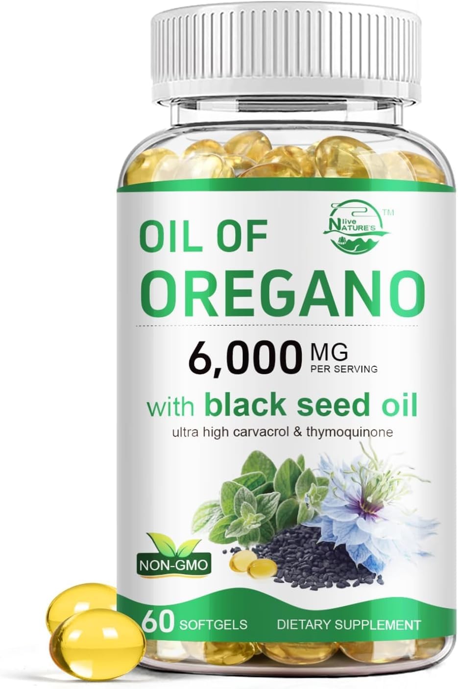 Nature’s live Oil of Oregano with Black Seed Oil, 2 in 1 60 Count (Pack 1)