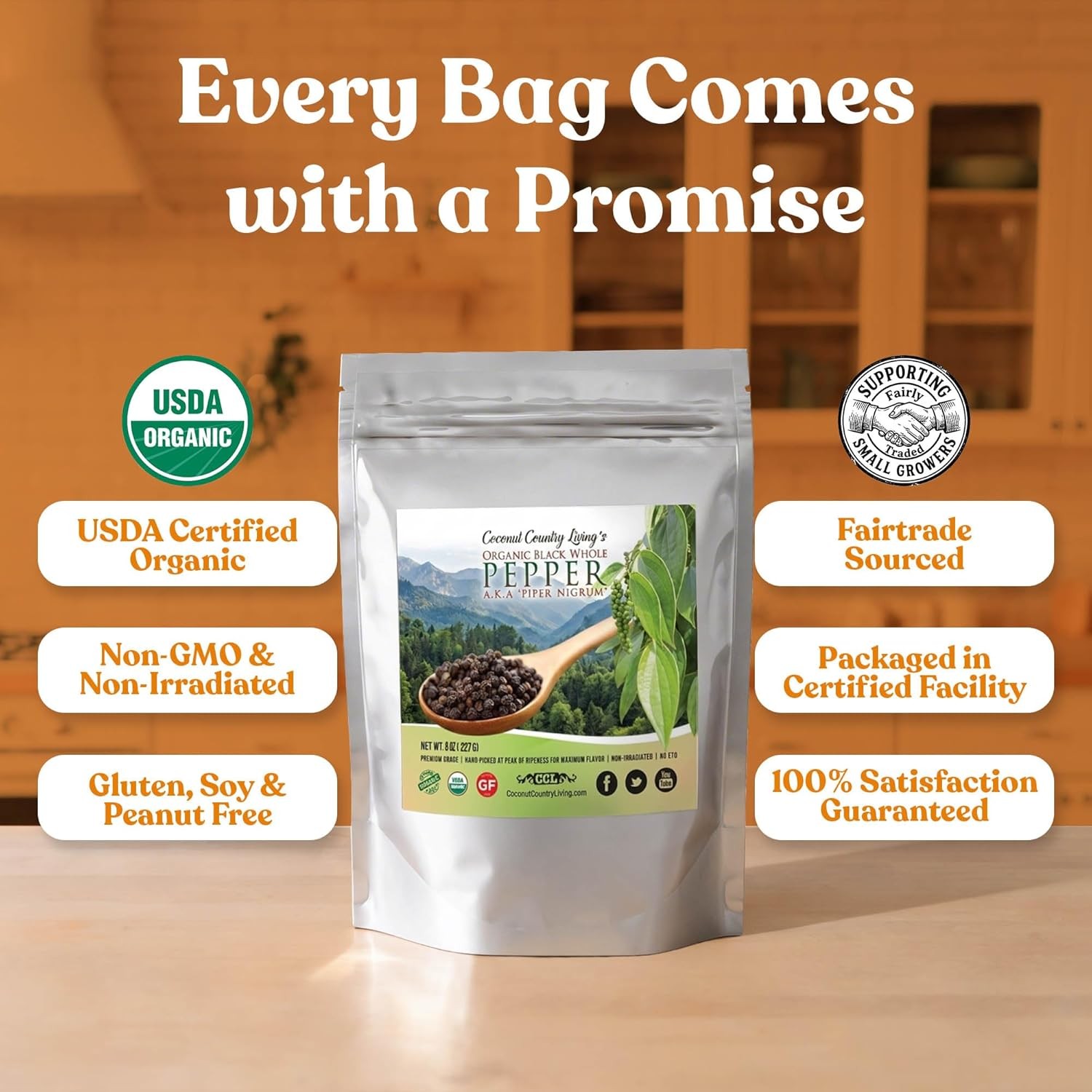 Coconut Country Living’s organic Whole Black Peppercorns – Fair Trade Premium Pe