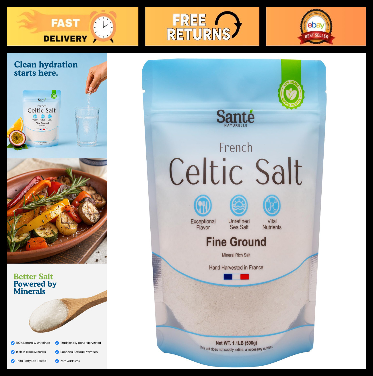 Organic Celtic Sea Salt – Fine Ground 1.1lb, Unrefined, Rich in 82+ Minerals, Na