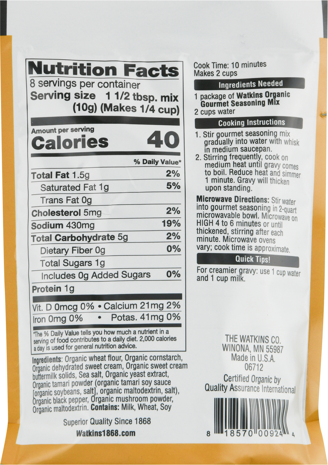 Watkins Seasoning Mix Country Gravy Organic 2.82 oz (Pack of 12)