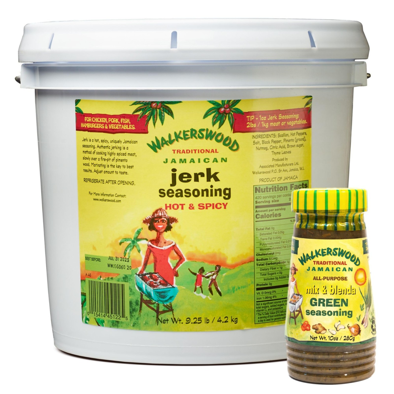 Jamaican Green Seasoning & Hot Jerk Spice Mix, 10 oz + 128 oz Combo Pack