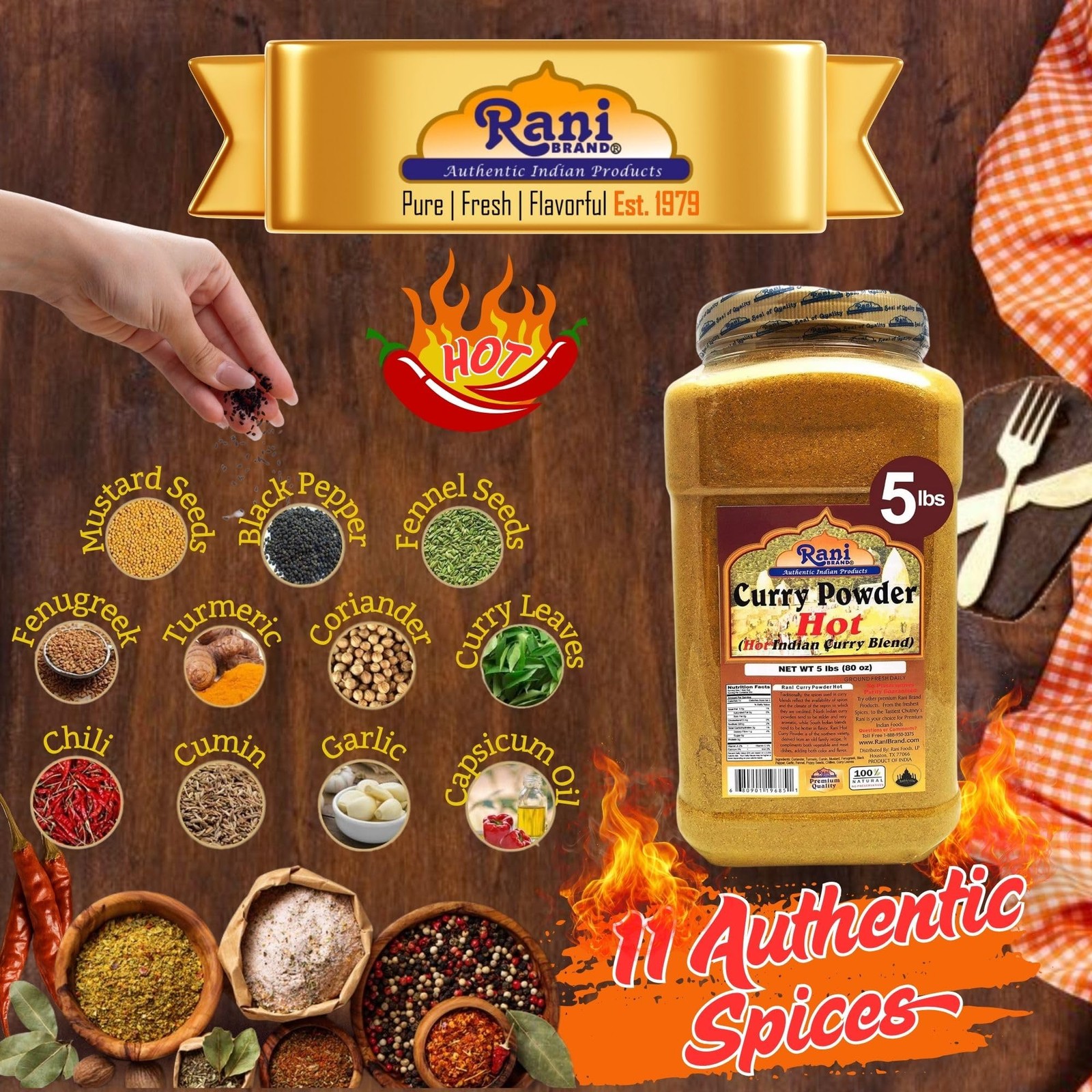 Rani Curry Powder Hot (11-Spice Authentic Indian Blend) 80oz (5lbs) 2.27kg