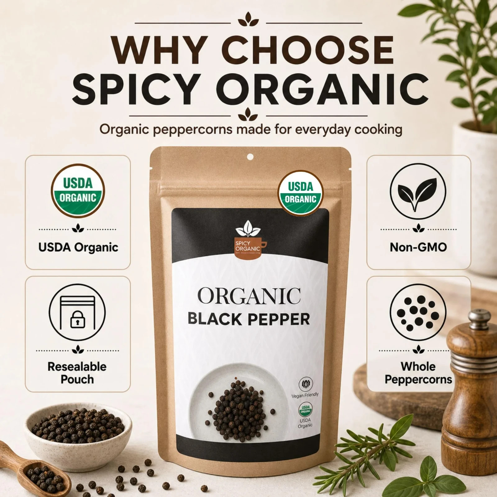 Spicy Organic Black Peppercorns Powder 2 lbs | USDA Organic