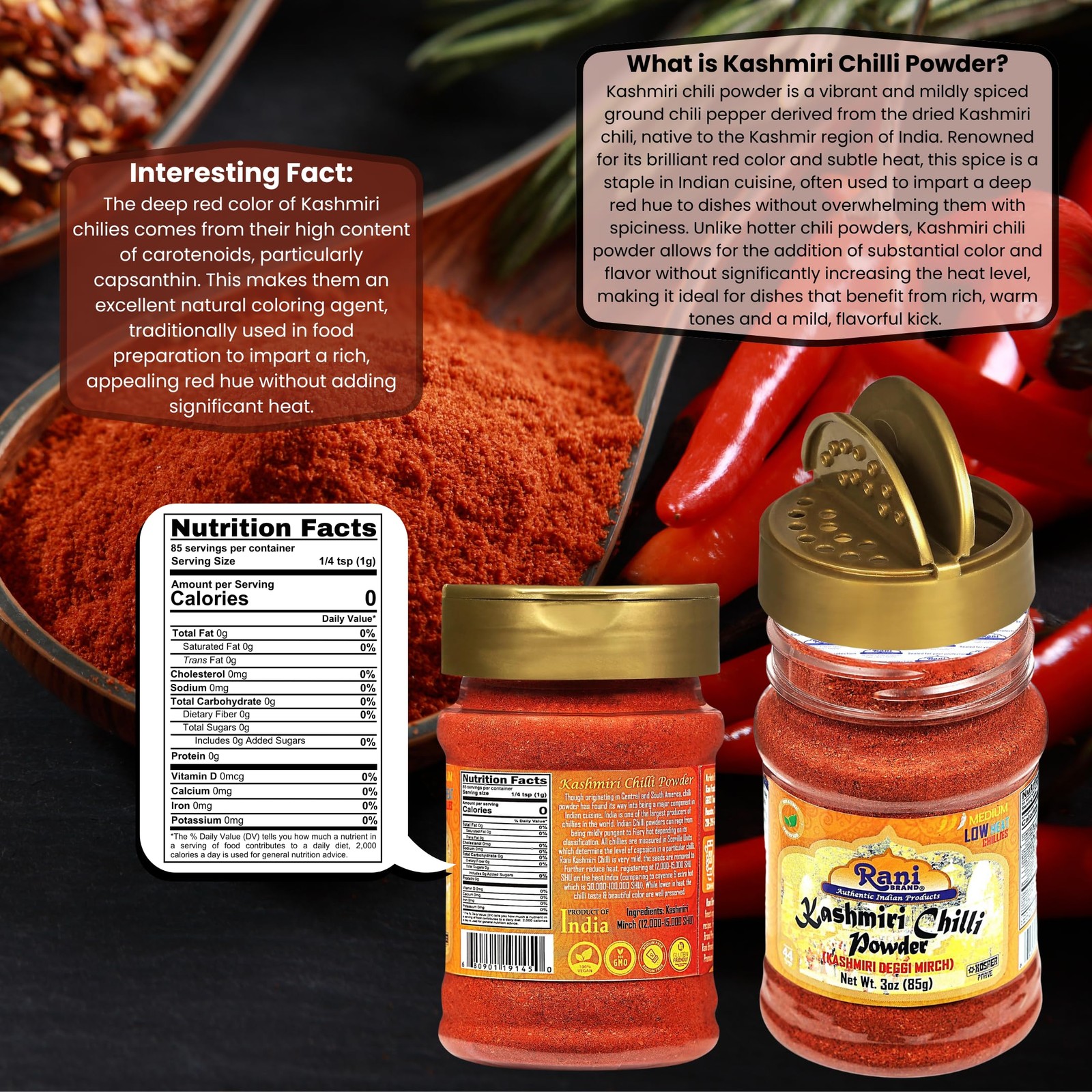 Rani Kashmiri Chilli Powder (Deggi Mirch, Low Heat) 0.19 Pound (Pack of 1)