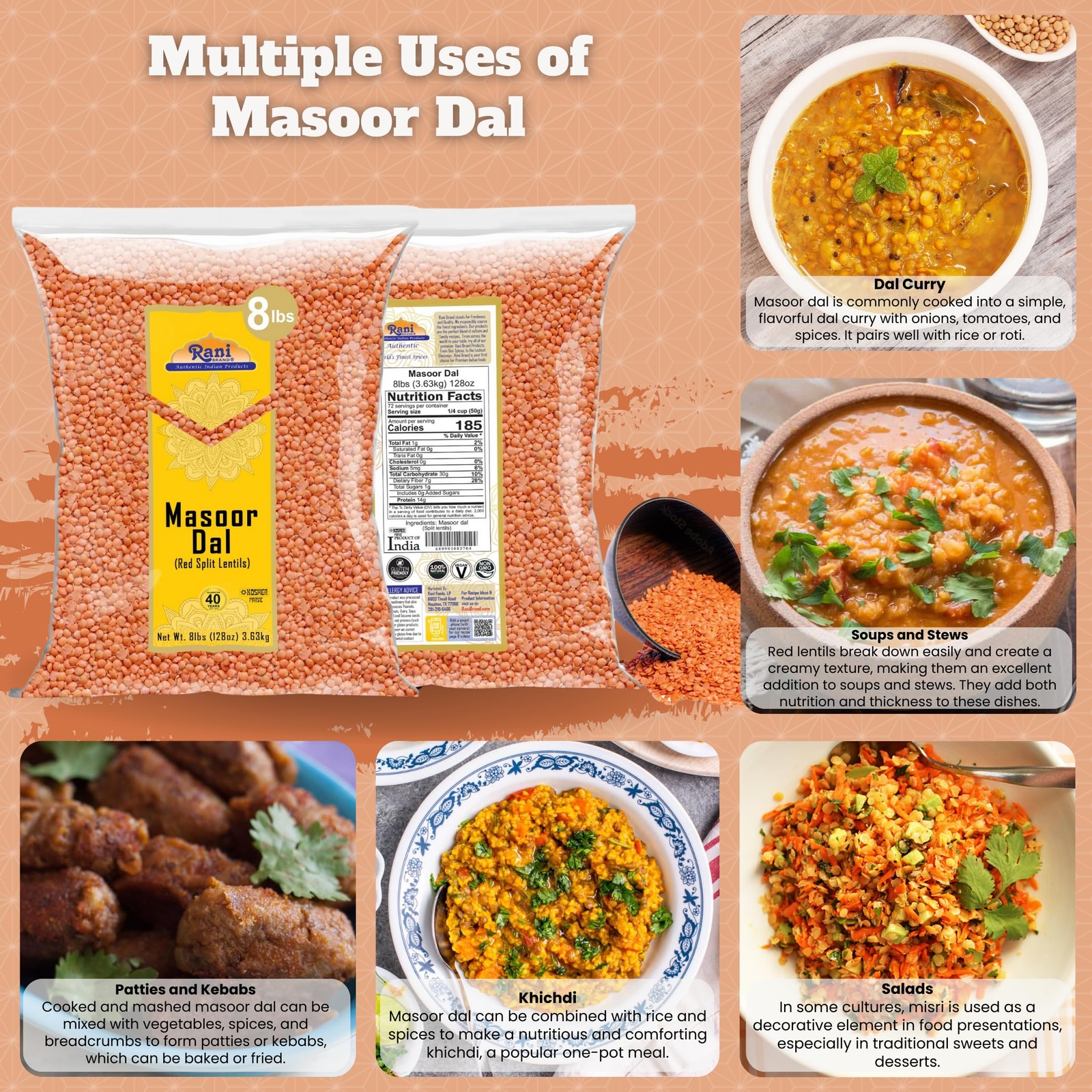 Rani Masoor Dal (Indian Red Lentils) Split Gram, 128oz (8lbs) 3.63kg, Bulk