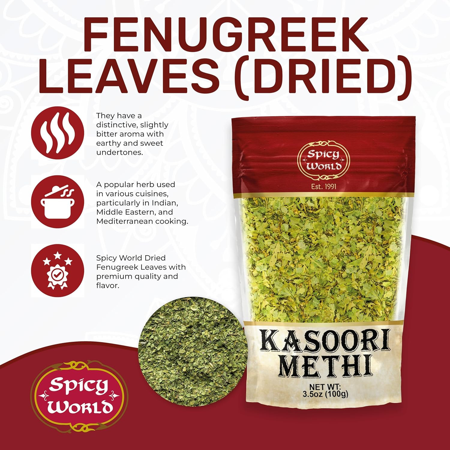 Dried Fenugreek Leaves (Kasoori Methi) 3.5oz Box (100g) – All Natural | Vegan |