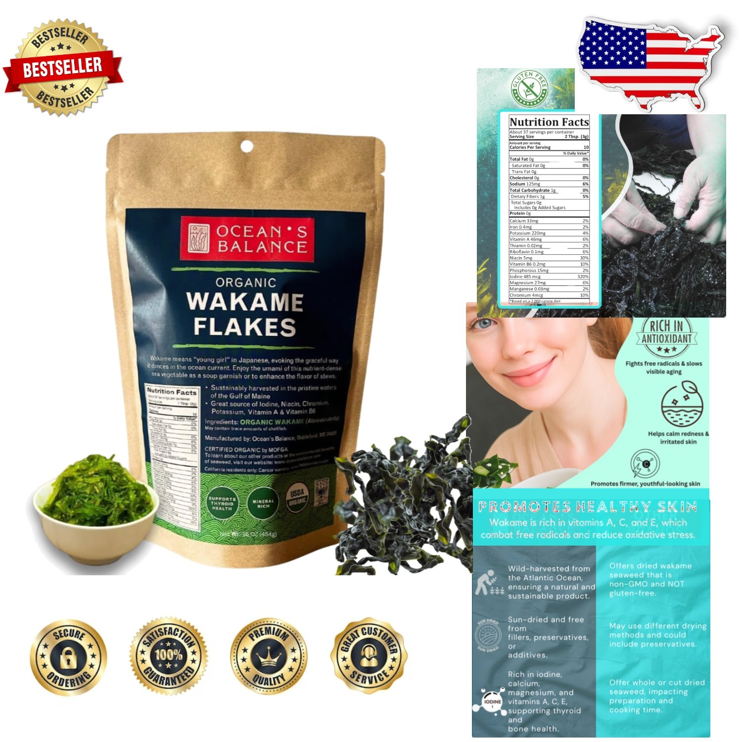 Fat-Free Wakame Flakes: Maine Seaweed, Atlantic Ocean Superfood, Keto/Paleo 16oz