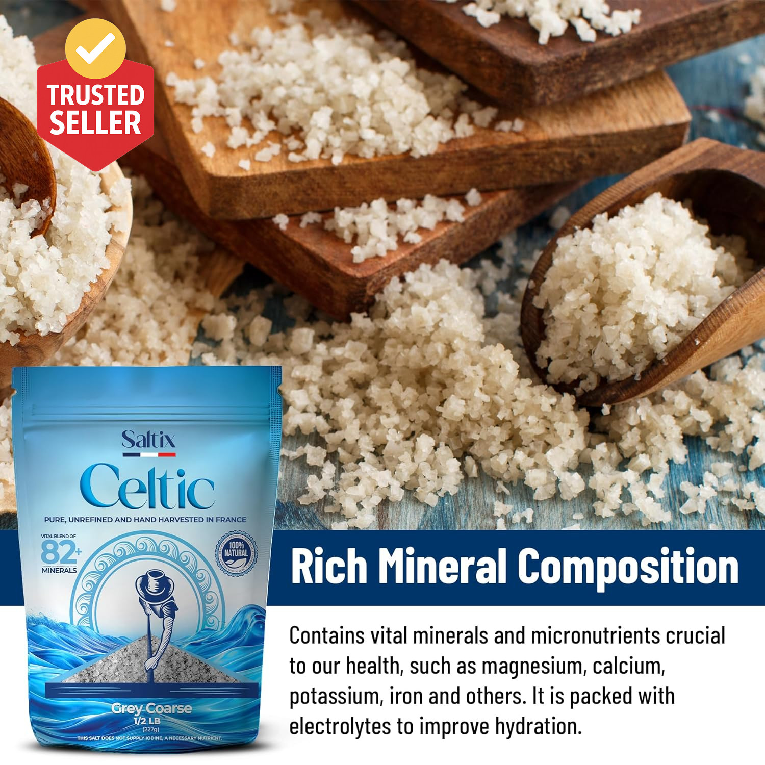 Grey Coarse Sea Salt 1/2 Lbs (8Oz) from the Celtic Region of France, 100% Natura