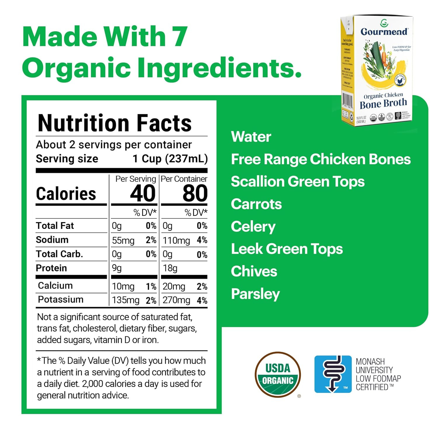Organic Unsalted 16.9Oz Chicken Bone Broth (3 Pack) – 7 Ingredients, Low FODMAP