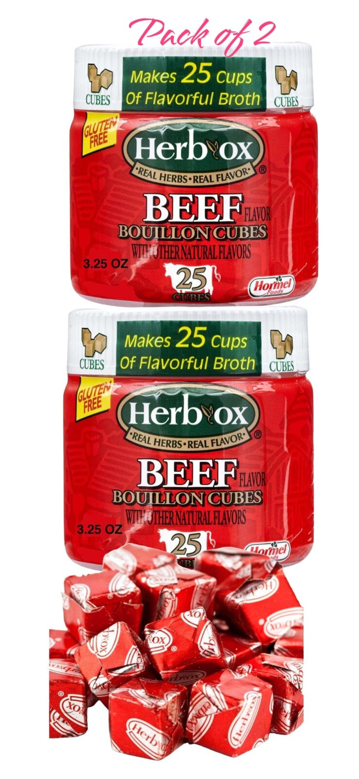 2x Herb Ox Beef Bouillon Cubes 3.25 Oz – 25 Cubes Per Jar (Total = 50 Cubes)