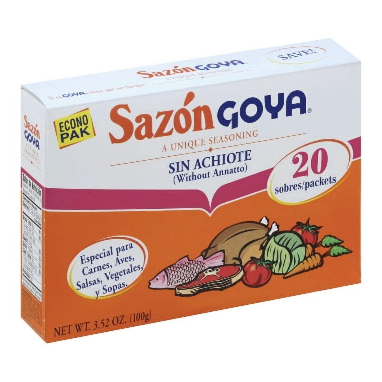 Goya Sazon Sin Achiote (Without Annatto) 3.52 oz, 20 Packets/Sobres