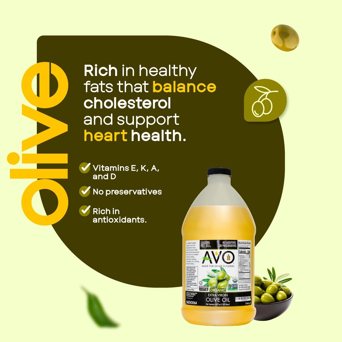 AVO Organic Olive Oil Extra Virgin Cold Pressed, 64 Fl-oz (Half Gallon) NO pr…