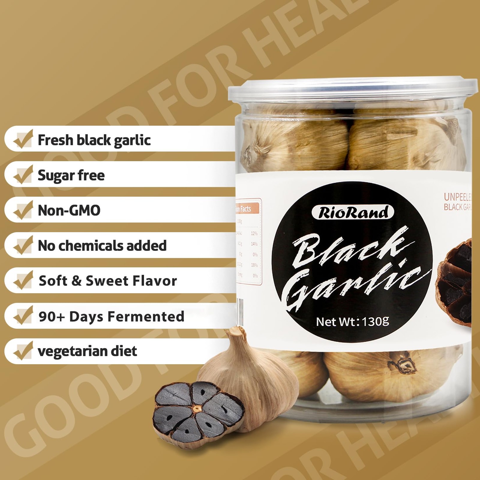 RioRand Black Garlic Whole & Peeled 90-Day Fermented Ready for Eat 130g&0.28 Lbs
