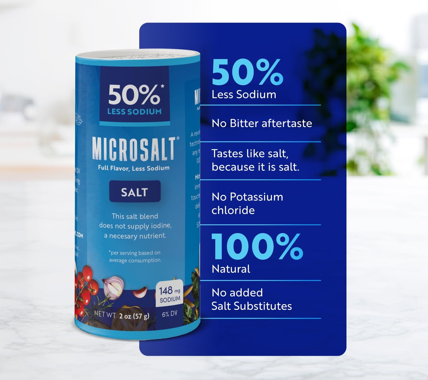 Microsalt 50% Less Sodium Salt, Regular Salt Substitute, 2 Ounce (Pack of 2)