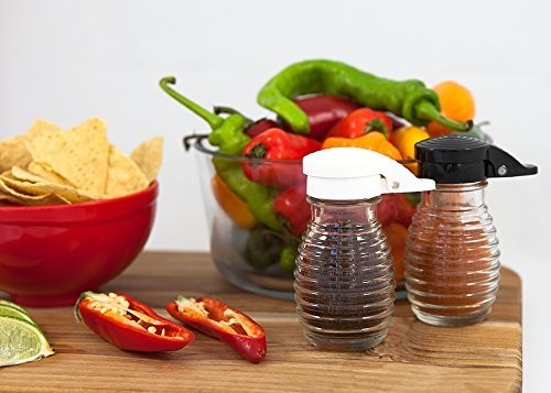 2 oz Black White Food Shaker with Self Closing Lid for Spices and Seasonings