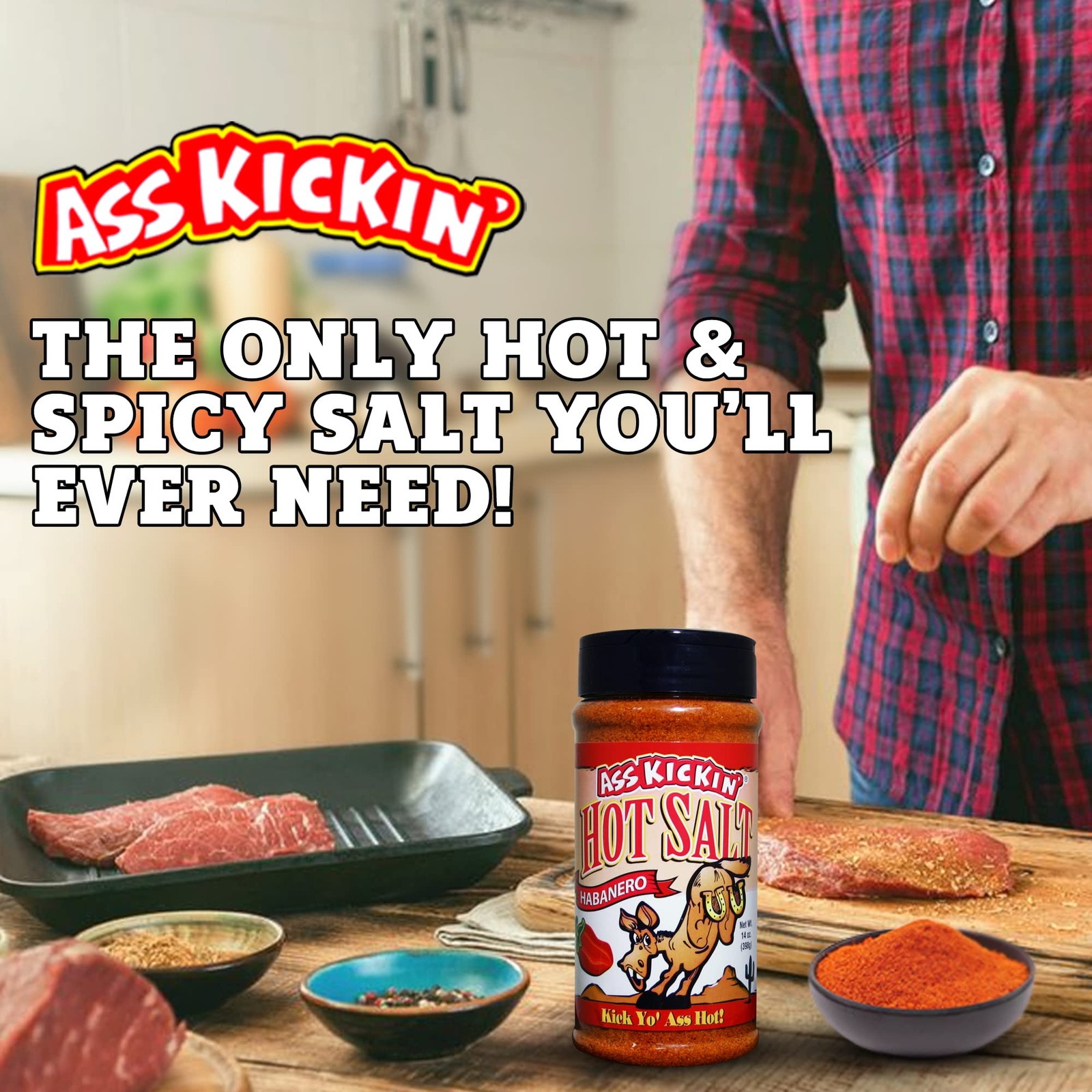 KICKIN’ Habanero Hot Spicy Salt – 14 oz. Shaker Jar – Perfect Flavored Salt for