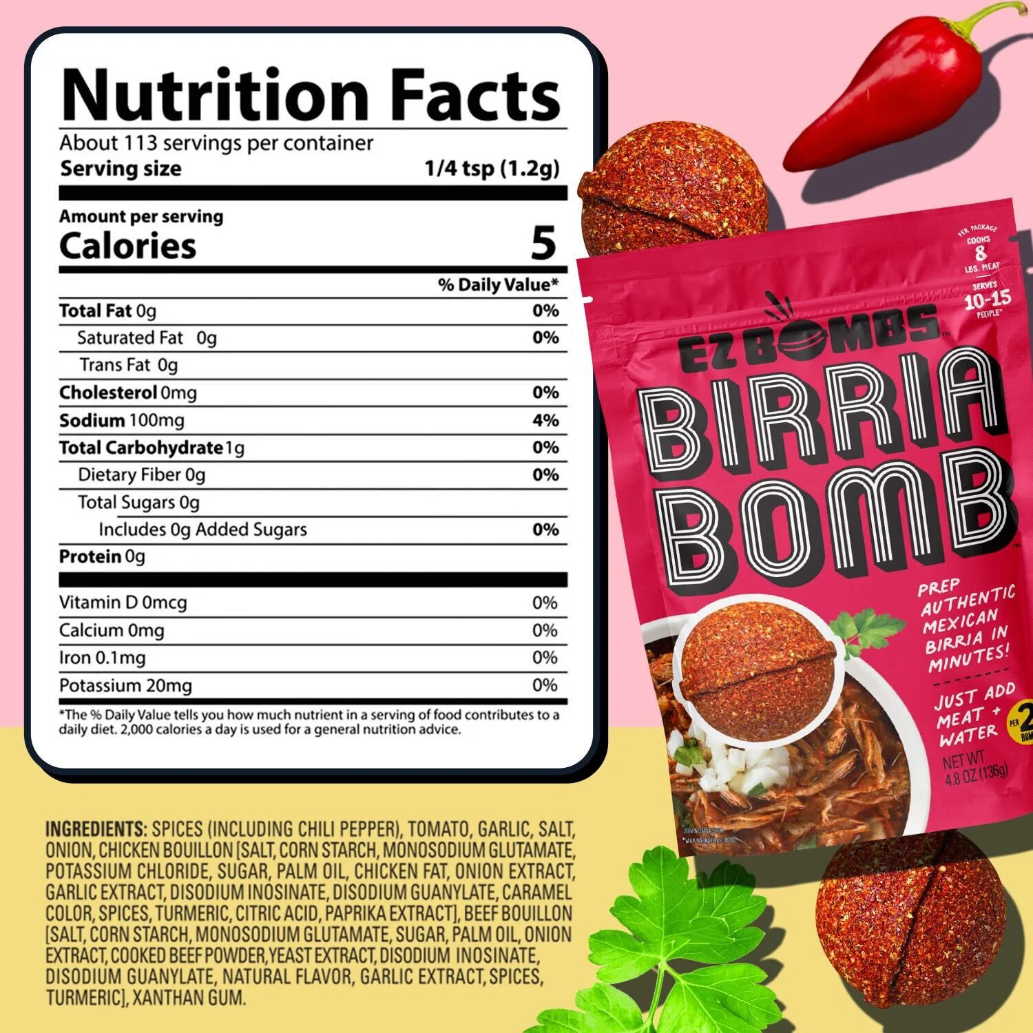 EZ Bombs Birria Bomb Condimento, Paquete de 2 – 4.8 oz, Auténtica Mezcla de