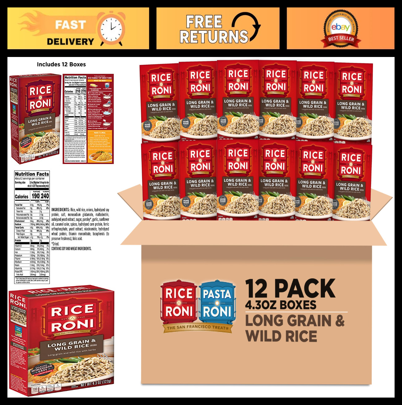 Long Grain & Wild Rice Mix with Herbs – 4.3 oz, Pack of 12, Easy Side Dish