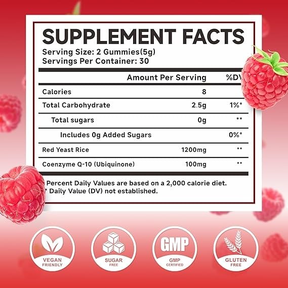 Red Yeast Rice with CoQ10 Gummies, Sugar Free, Vegan, Raspberry Flavor, 60 Count