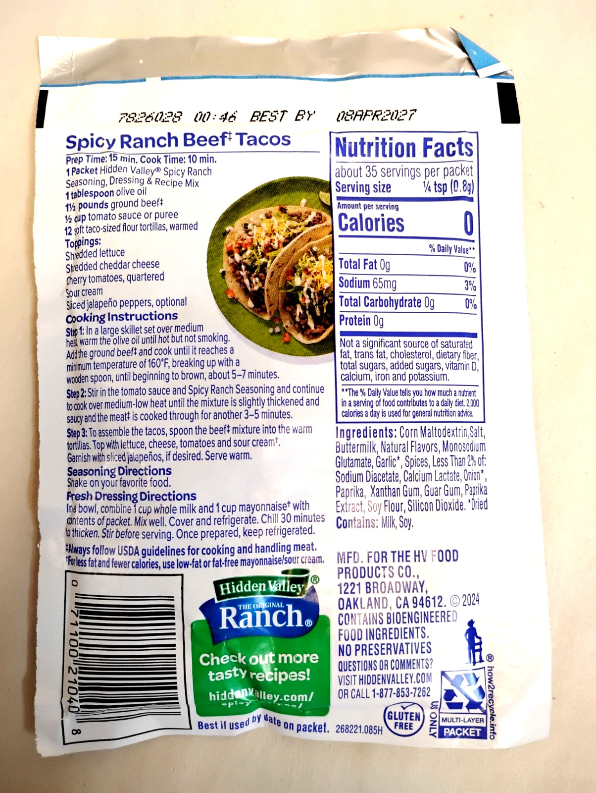 Hidden Valley Spicy Ranch Seasoning Dressing & Recipe Mix 1 oz Brand New