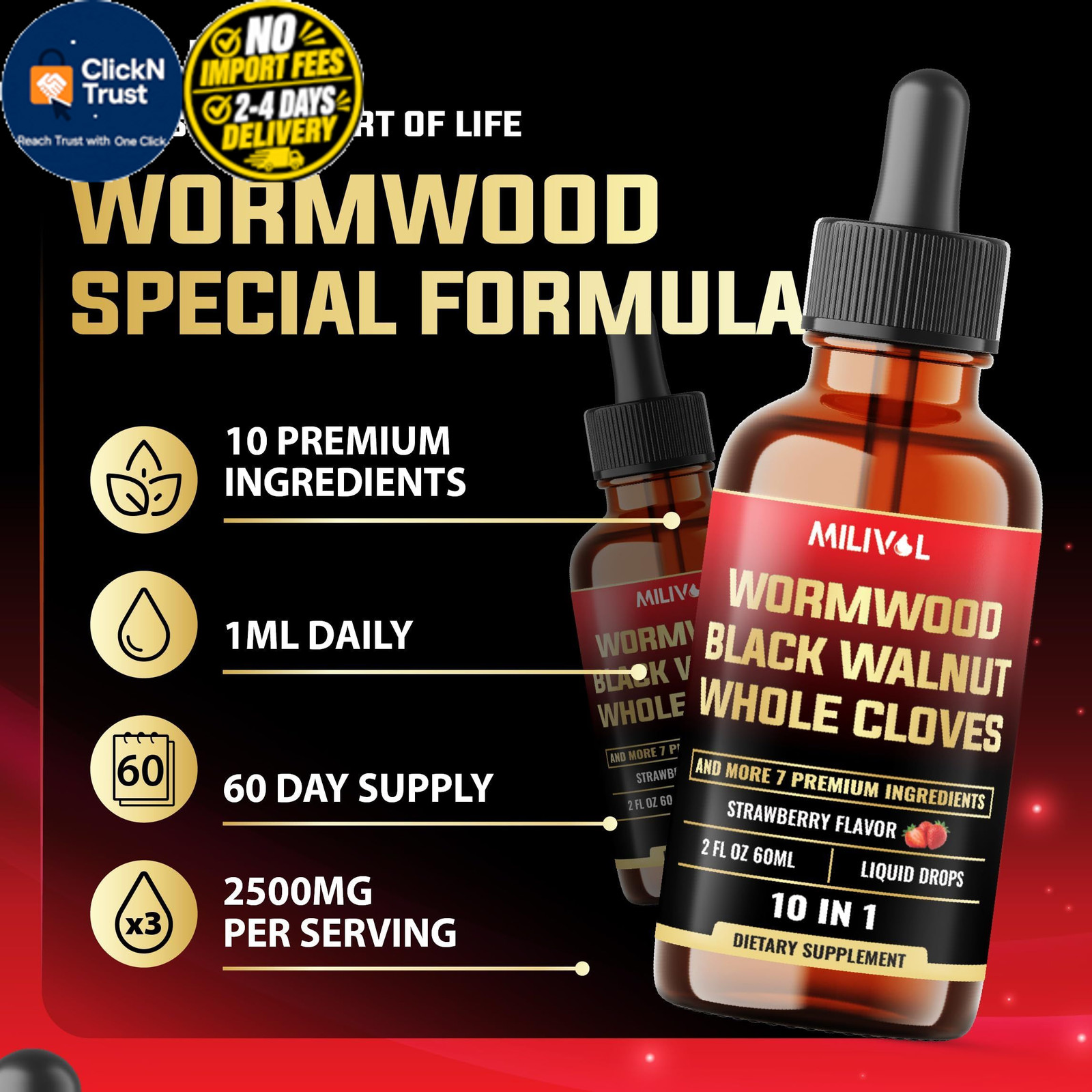 MILIVOL 10in1 Wormwood Liquid Drops with Wormwood, Black 2 Fl Oz (Pack of 1)