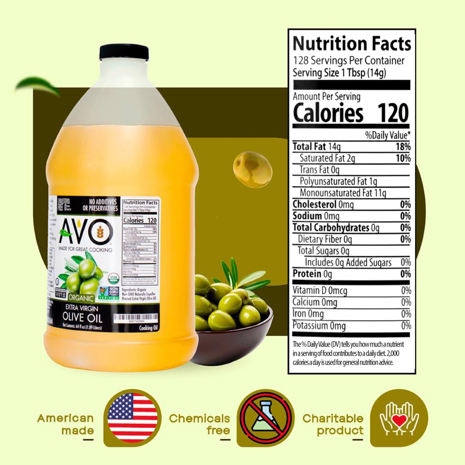 AVO Organic Olive Oil Extra Virgin Cold Pressed, 64 Fl-oz (Half Gallon) NO pr…