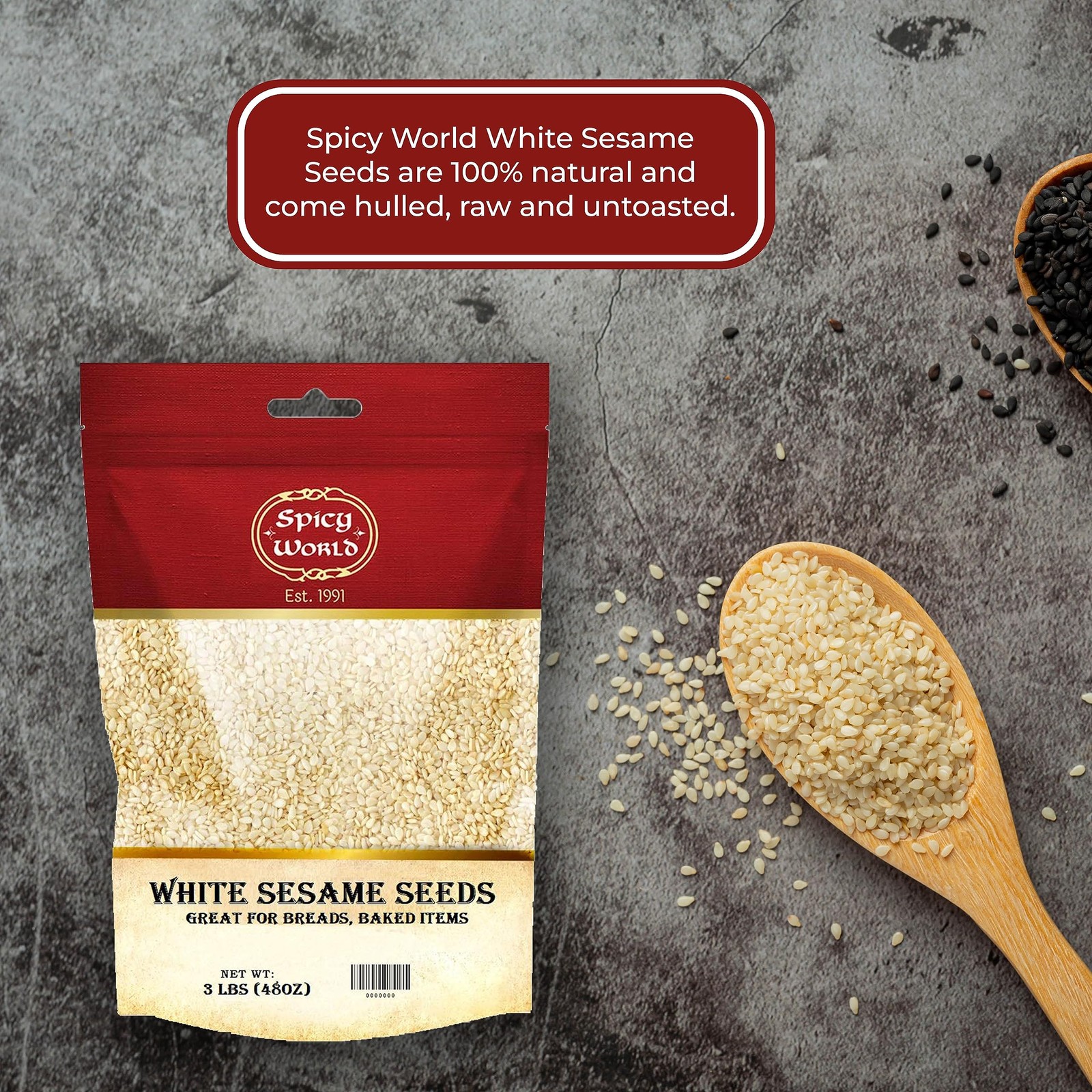 Spicy World White Sesame Seeds 3 LB Bag – Natural, Raw, 3 Pound (Pack of 1)