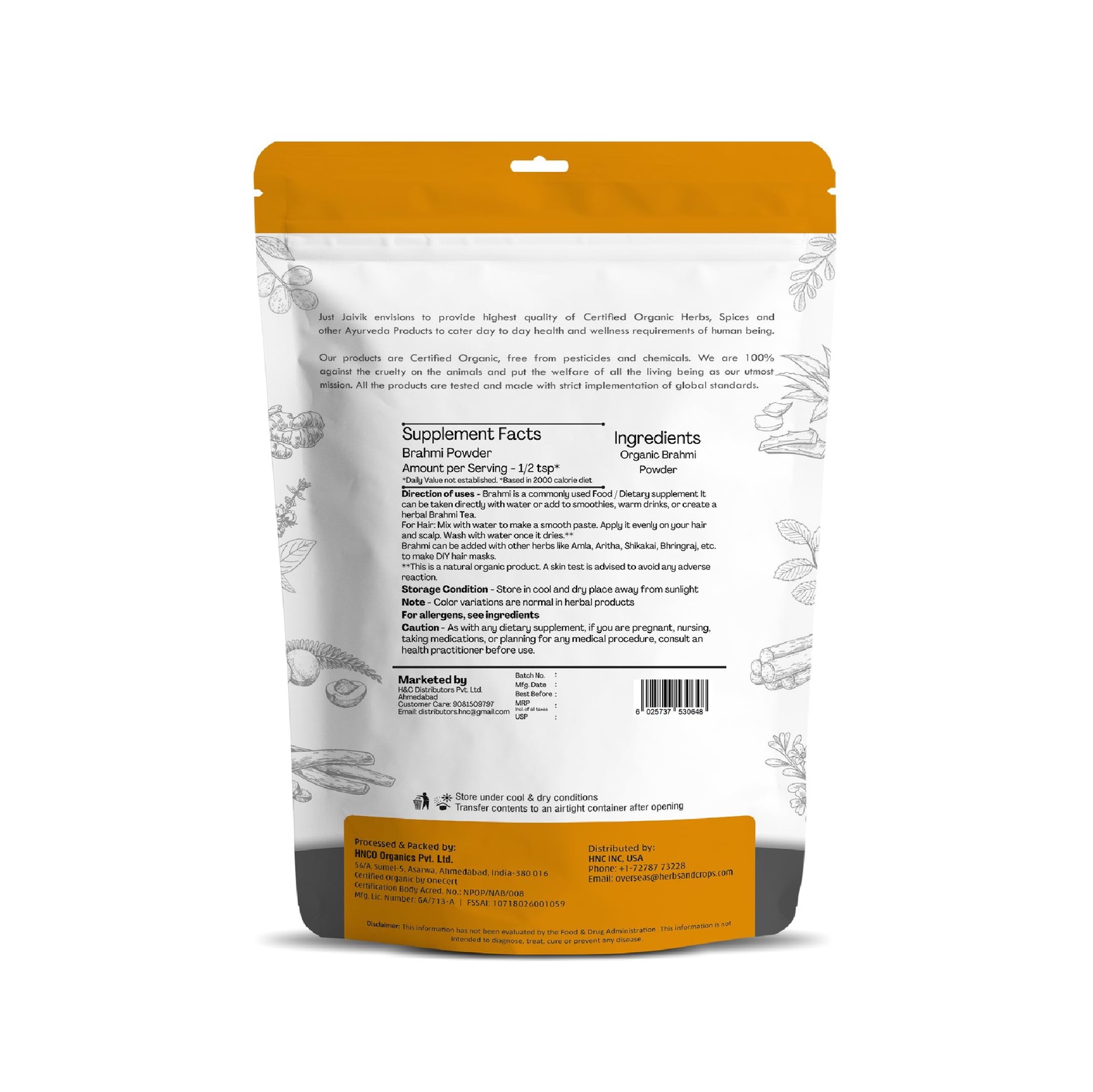 Just Jaivik 100% Organic Brahmi Powder Bacopa Monnieri- 8 Ounce (Pack of 1)