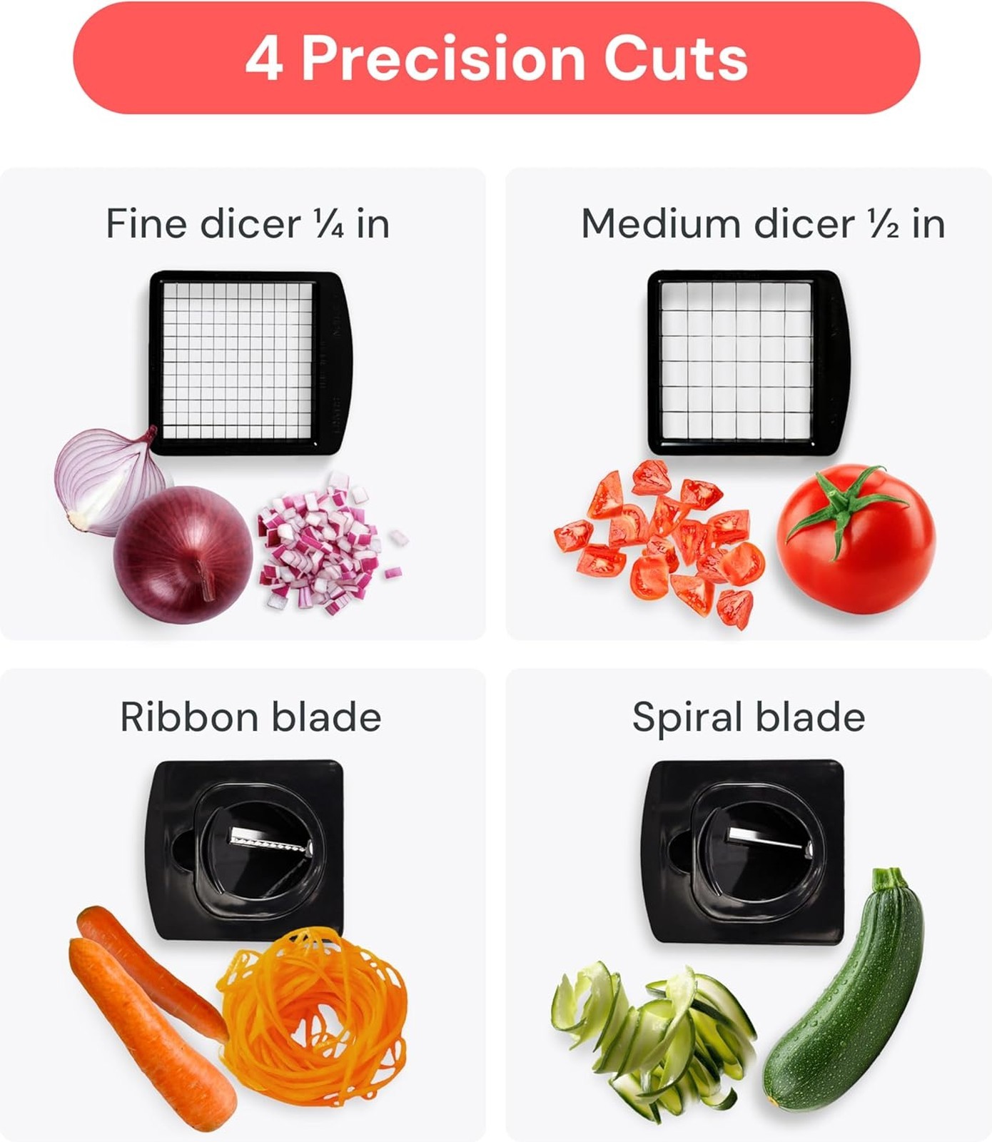 Vegetable Chopper Spiralizer Food Processor 4 in 1 Kitchen Gadgets White Compact