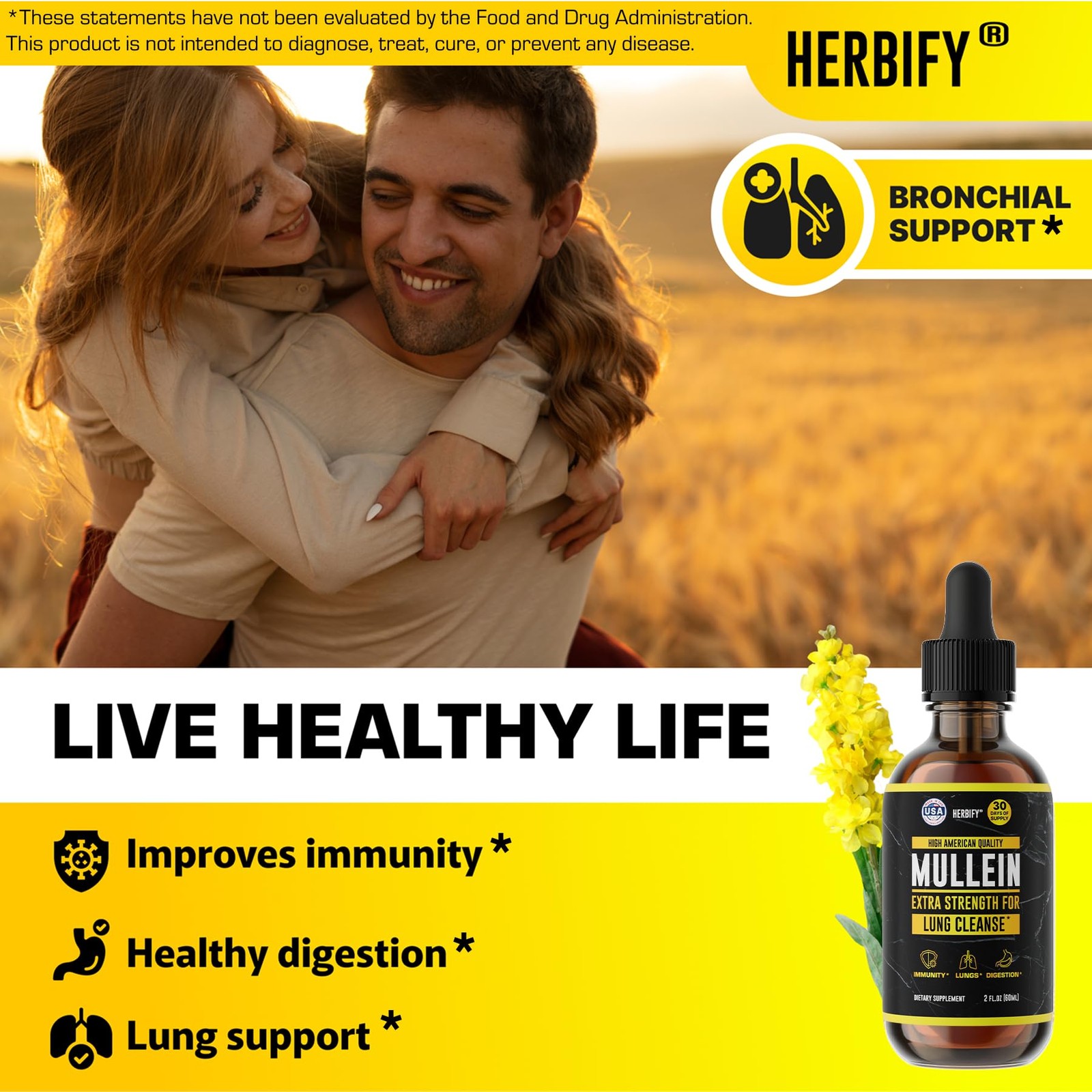 HERBIFY Mullein Extract 2 oz Tincture for Respiratory 2 Fl Oz (Pack of 1)