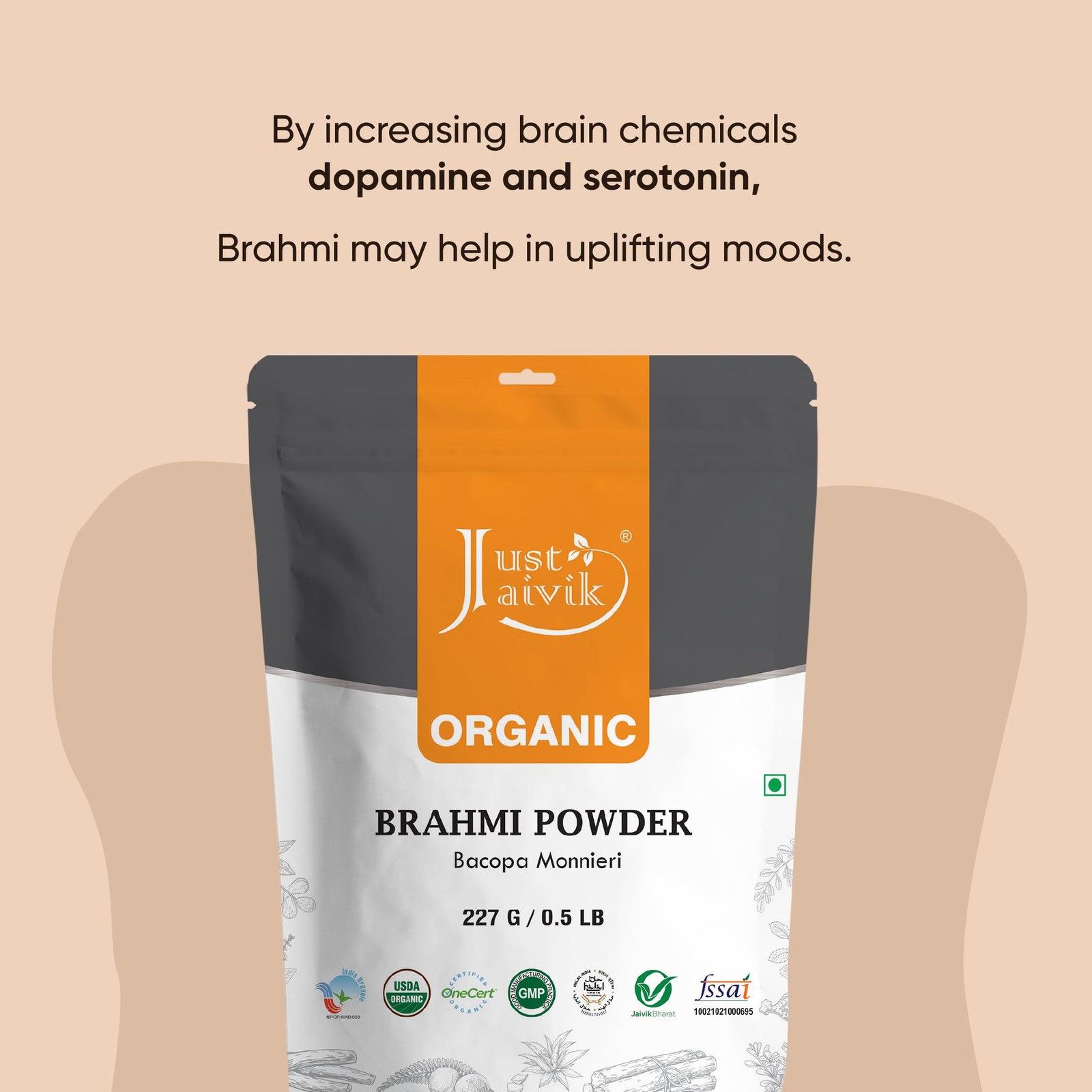 Just Jaivik 100% Organic Brahmi Powder Bacopa Monnieri- 8 Ounce (Pack of 1)