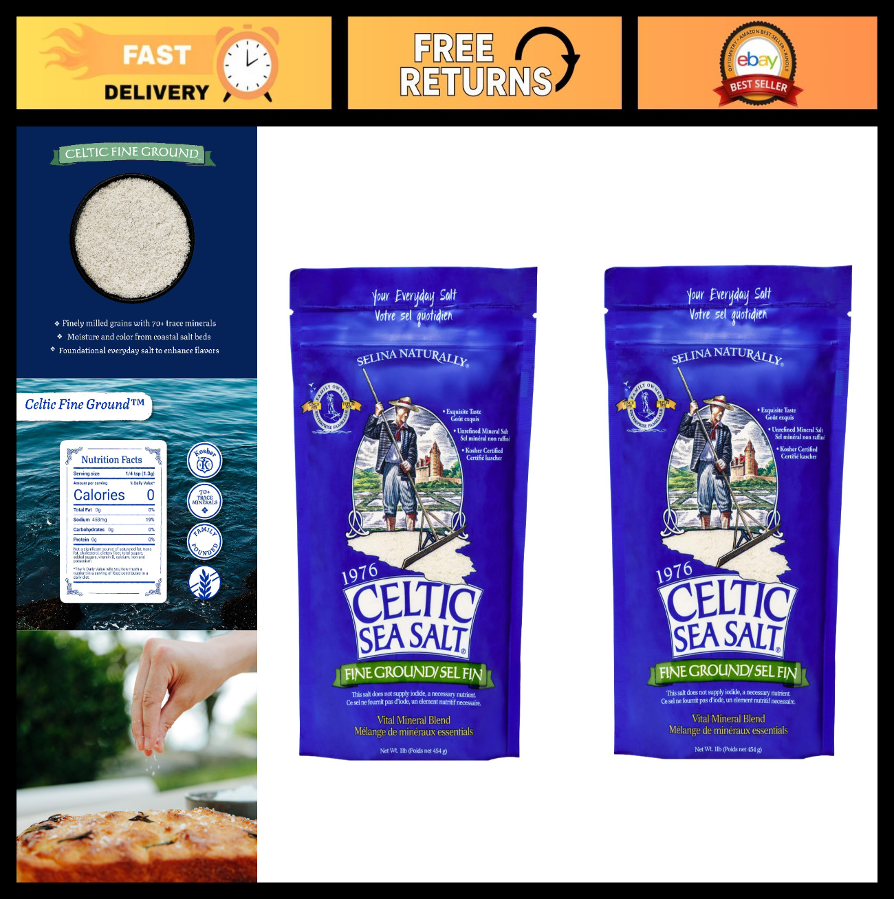Fine Ground Celtic Sea Salt – Unrefined Mineral Salt, Sustainably Harvested, 2 P