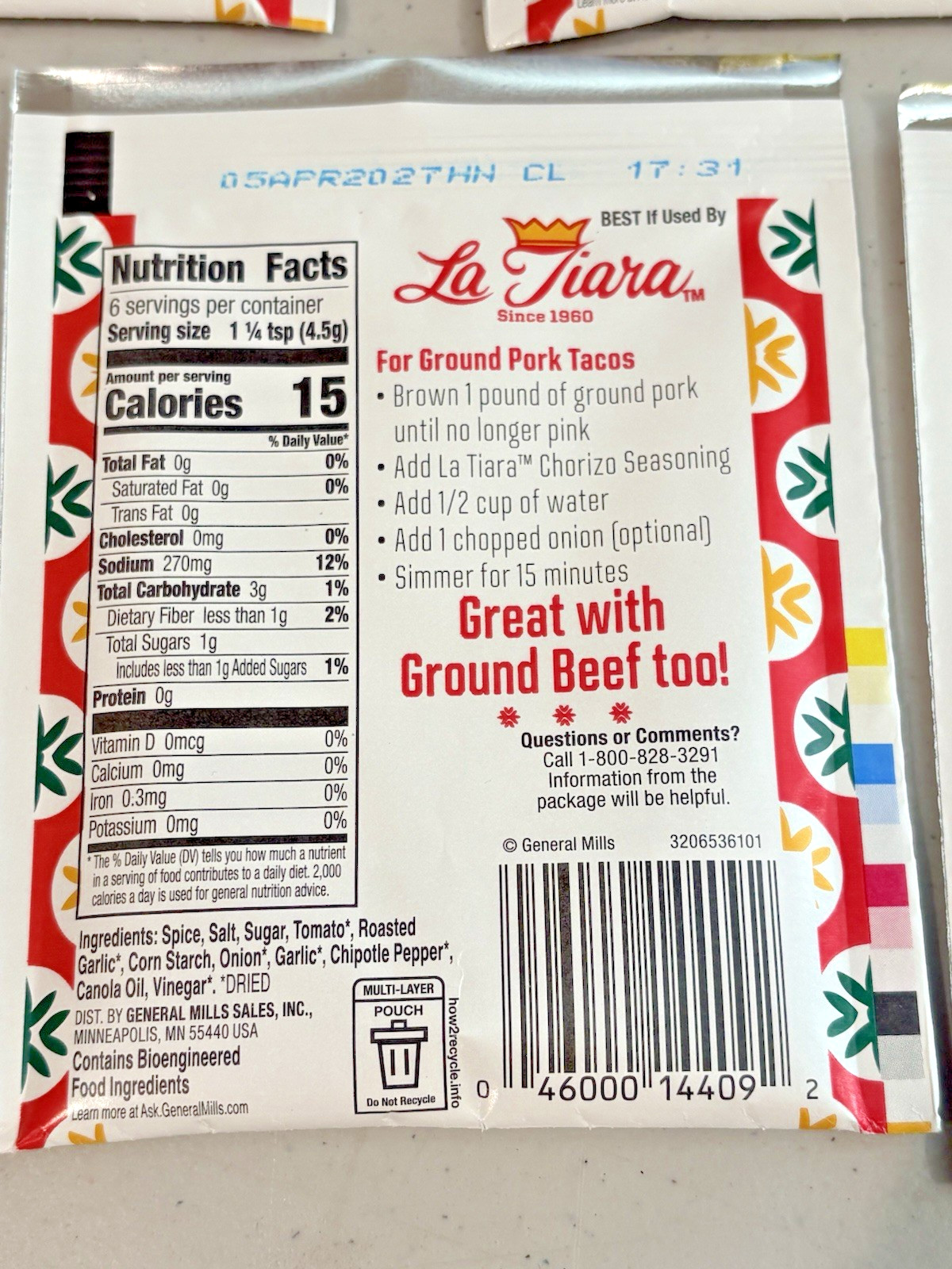 Lot of 5 La Tiara Chorizo Taco Seasoning Spice Mix 1oz – Pork Beef Chicken
