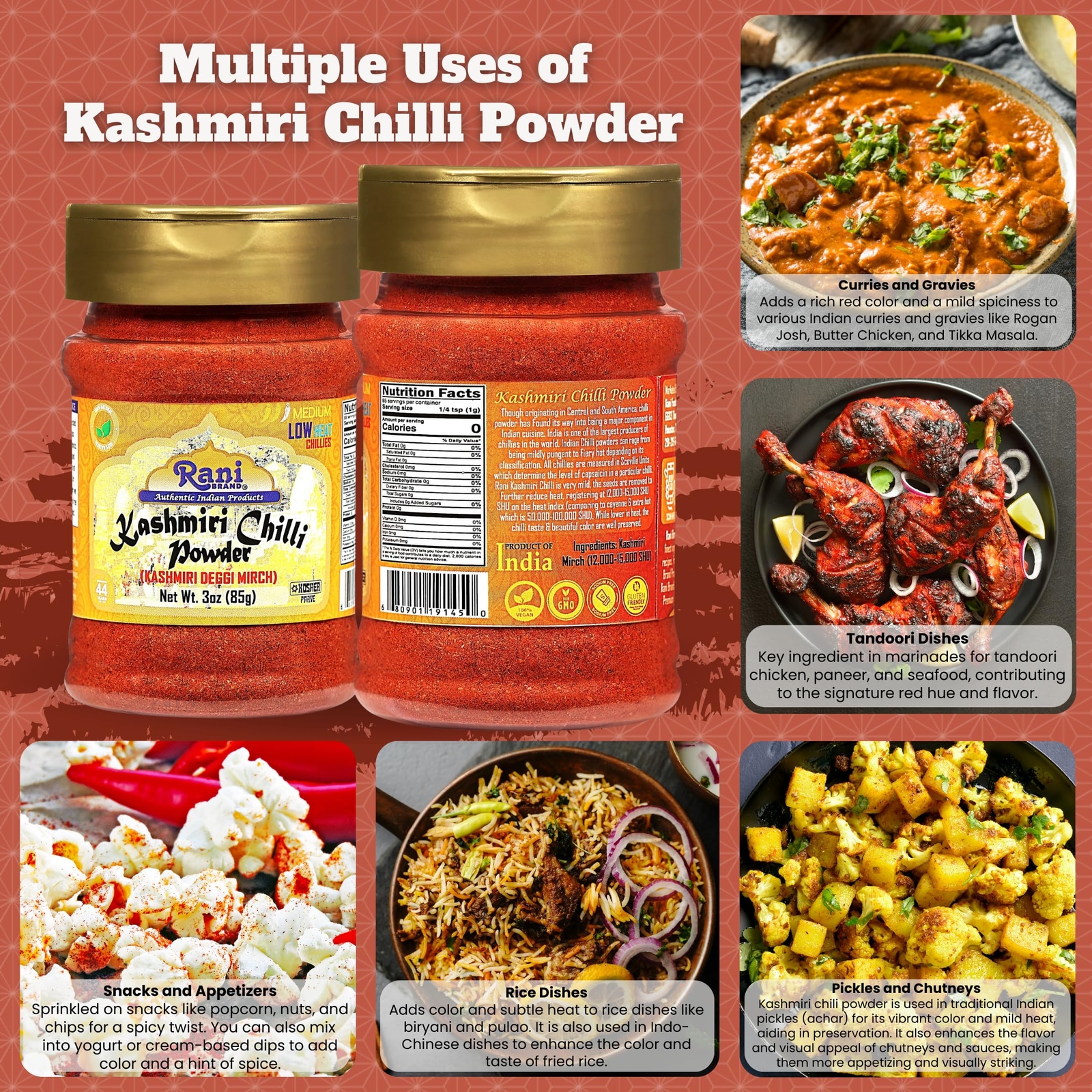Rani Kashmiri Chilli Powder (Deggi Mirch, Low Heat) Ground Indian Spice 3oz