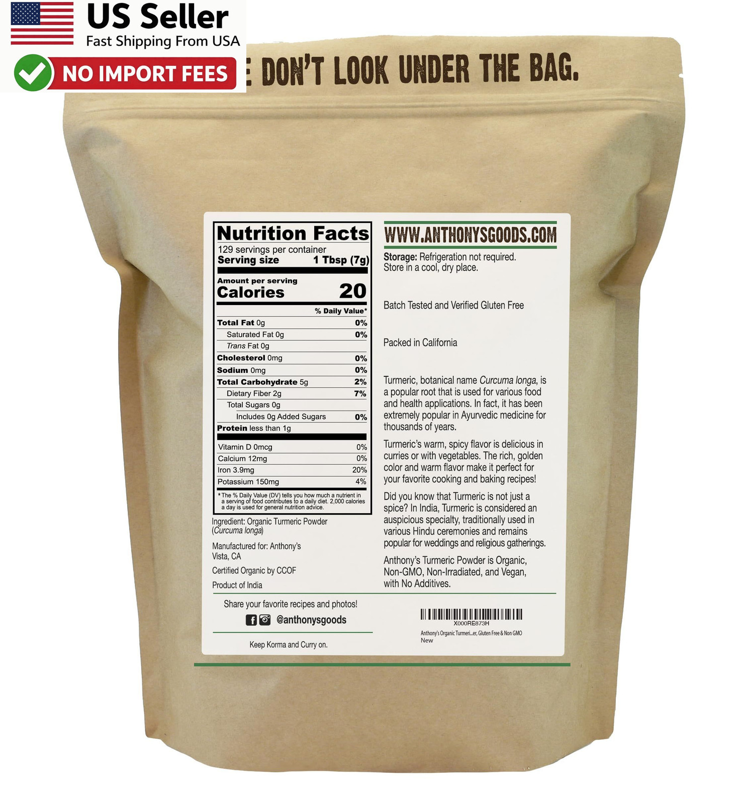Anthony’s Organic Turmeric Root Powder 2 lb Curcumin Powder Gluten Free FROM USA
