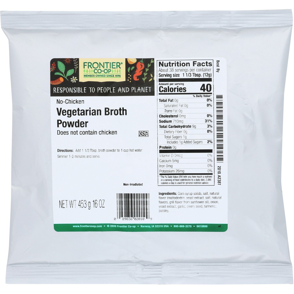 Frontier -Op No-Chicken Vegetarian Broth Powder 16 Oz Bulk 1 Lb 1 Pack