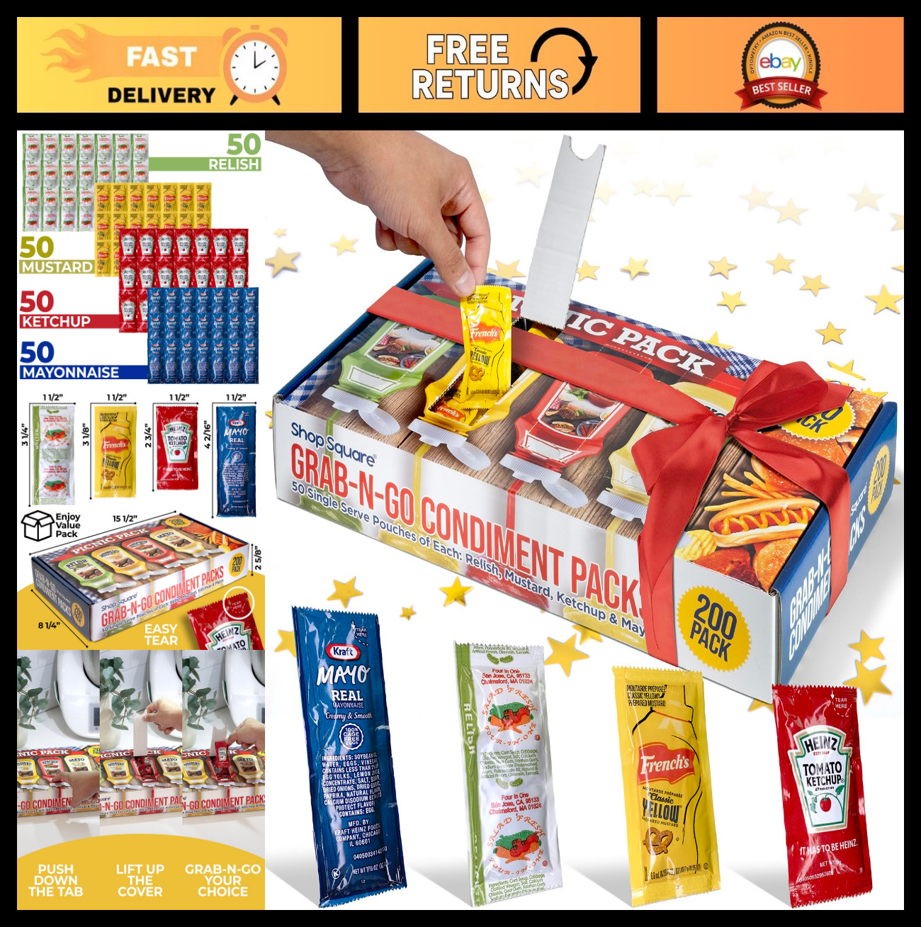 50 Single Serve Condiment Packs – Ketchup, Mustard, Relish, Mayo – Perfect for B