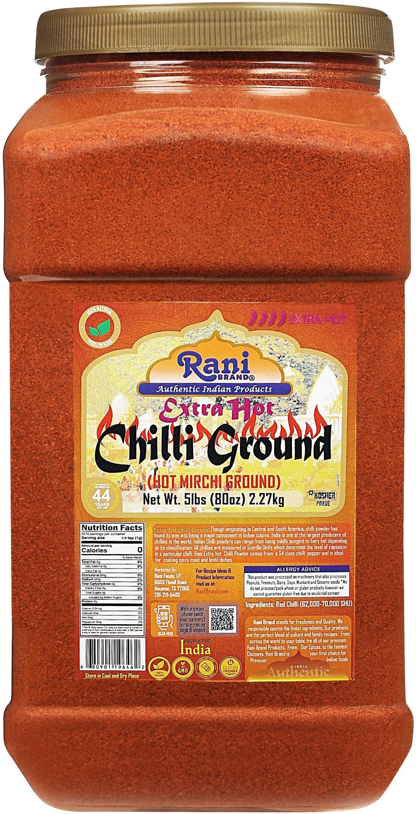 Rani Extra Hot Chilli Powder Indian Spice 80oz (5lbs) 2.27kg Bulk PET Jar