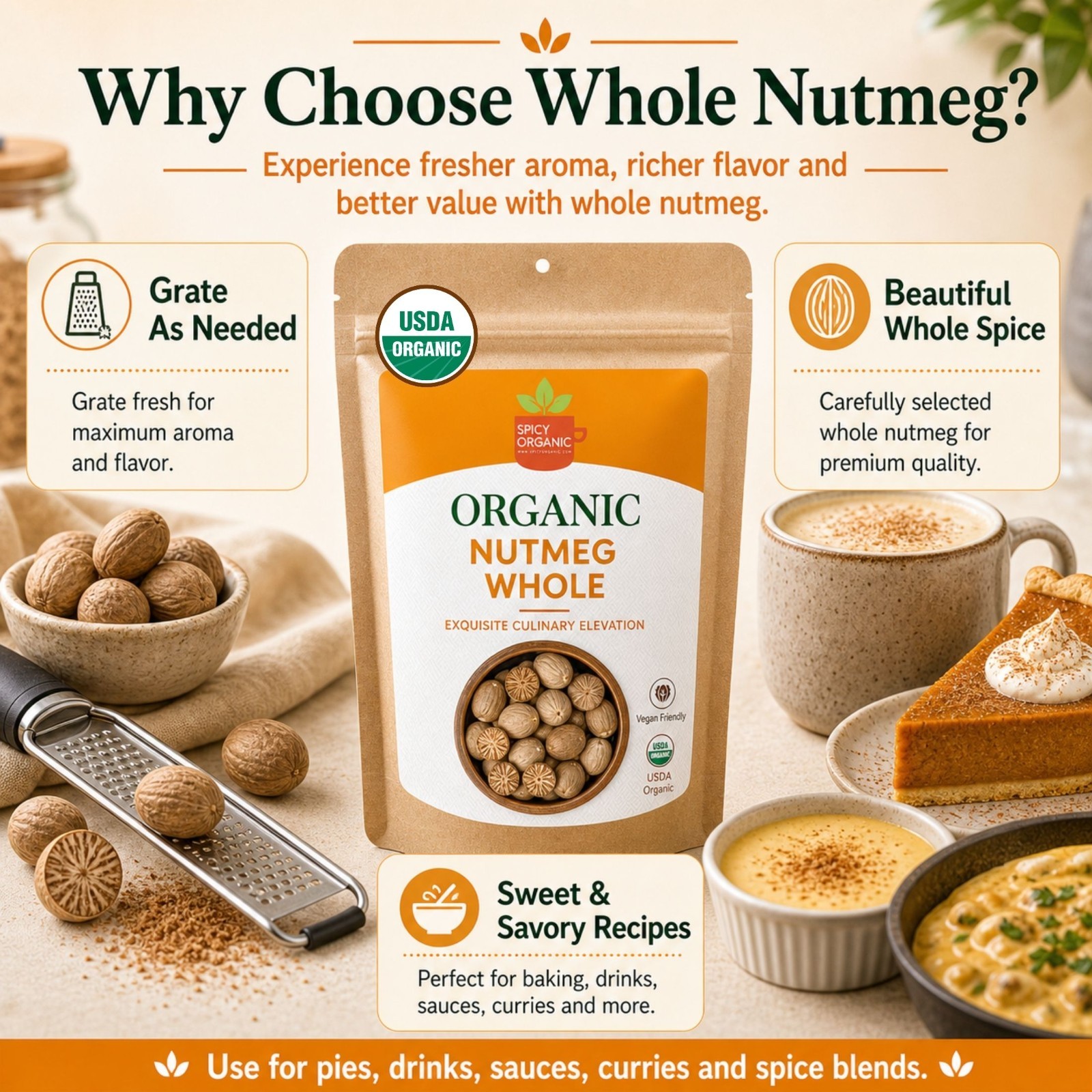 Spicy Organic Nutmeg Whole 8 oz | USDA Organic