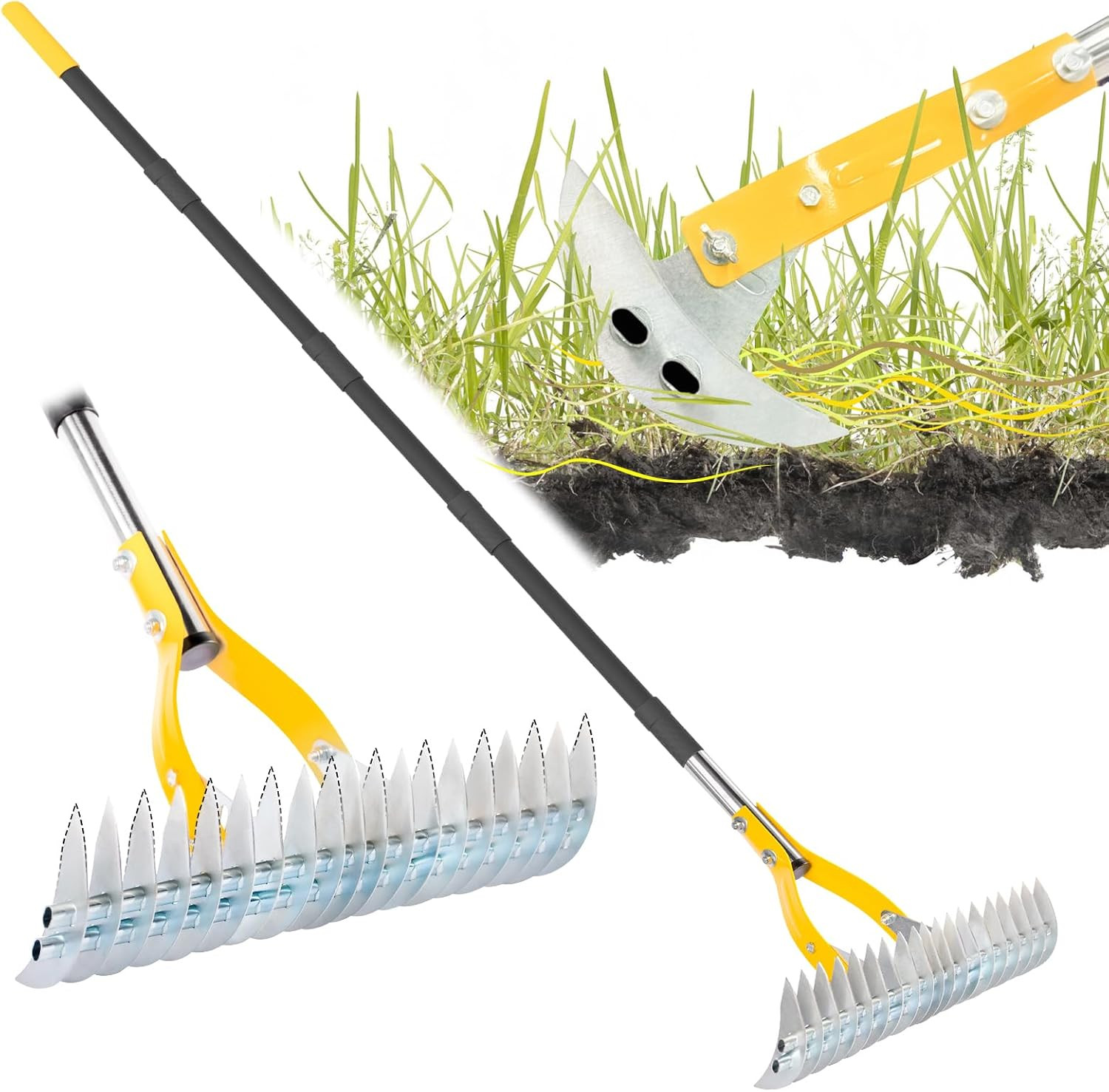 Thatch Rake for Lawn with 74Inch Handle, 15 Inch Dethatcher Rake for Grass to Cl