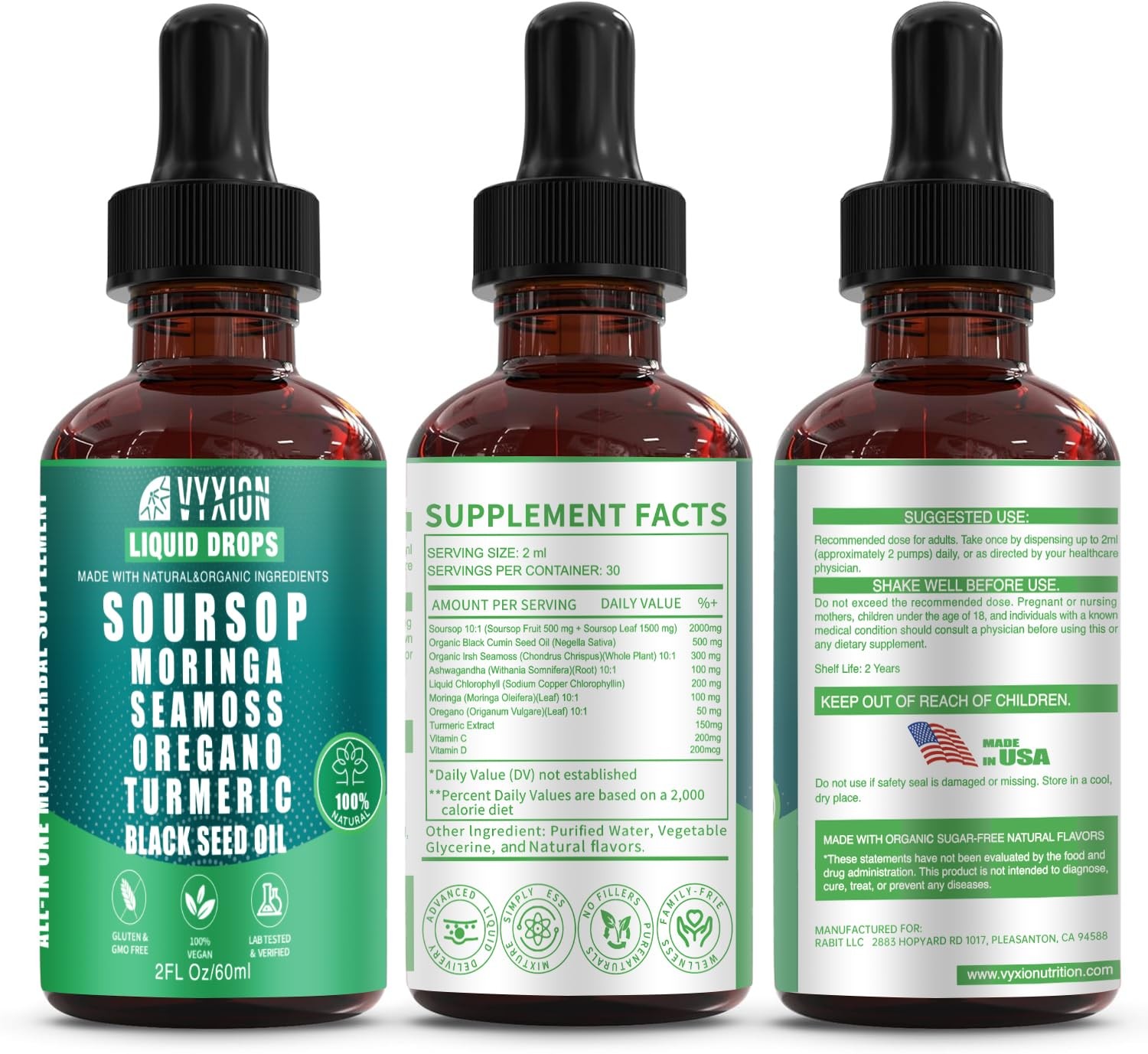 Soursop Pure Liquid Drops 10 in 1 with Sea Moss, Moringa, 2 Fl Oz (Pack of 2)