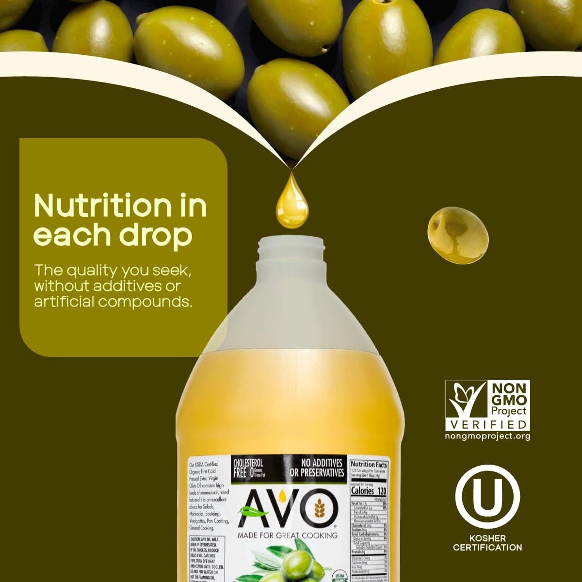 AVO Organic Olive Oil Extra Virgin Cold Pressed, 64 Fl-oz (Half Gallon) NO pr…